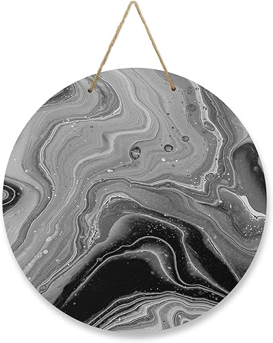 Letrero de bienvenida para puerta delantera, porche, frontones de pared, arte fluido, negro, blanco, gris, corona de 12 pulgadas, letrero redondo de