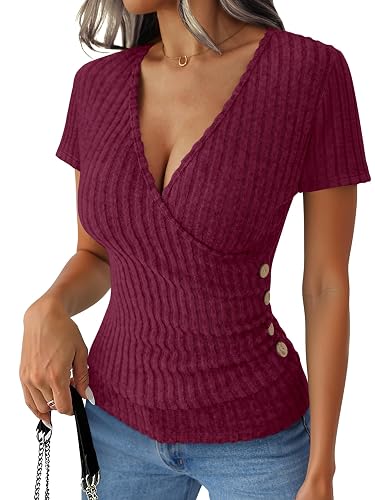 ANRABESS Shirts for Women V Neck Short Sleeve Sexy Top Ribbed Slim Fit Dressy Casual, 2026 Comfy Daily Wear & Going Out - Burgundy - Small