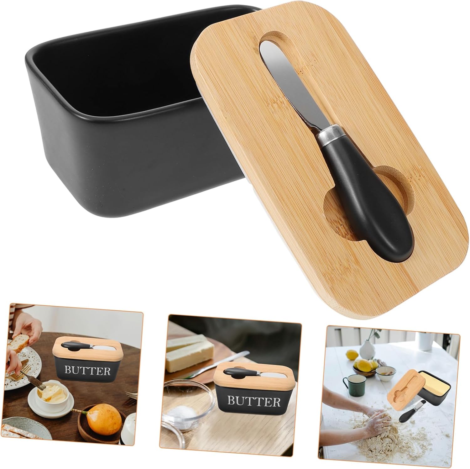 Ceramic Butter Dish with Wooden Lid and Cutter Rectangular Butter Keeper Container for Kitchen and Table Serving Smooth Surface Easy to Clean