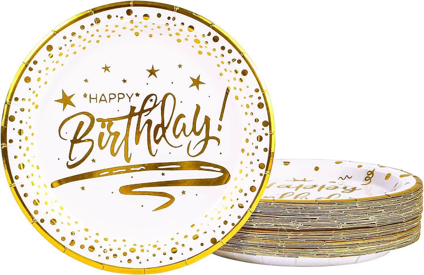 Paper Plates White Gold Pack of 50 Paper Plates Birthday Party Plates 23 cm White with Gold Rim Disposable Plates Children's Birthday Party Tableware Birthday White 23 cm