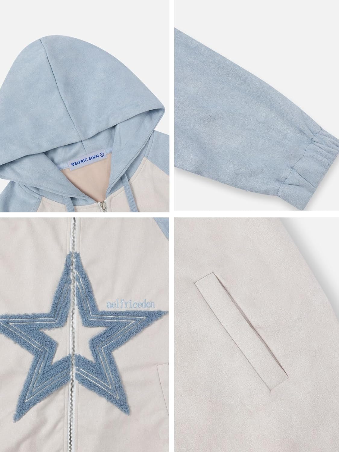 Aelfric Eden Suede Star Patchwork Full Zip Up Hoodie Oversized Graphic Hoodies Y2K Hooded Casual Sweatshirts Jackets - Image 3
