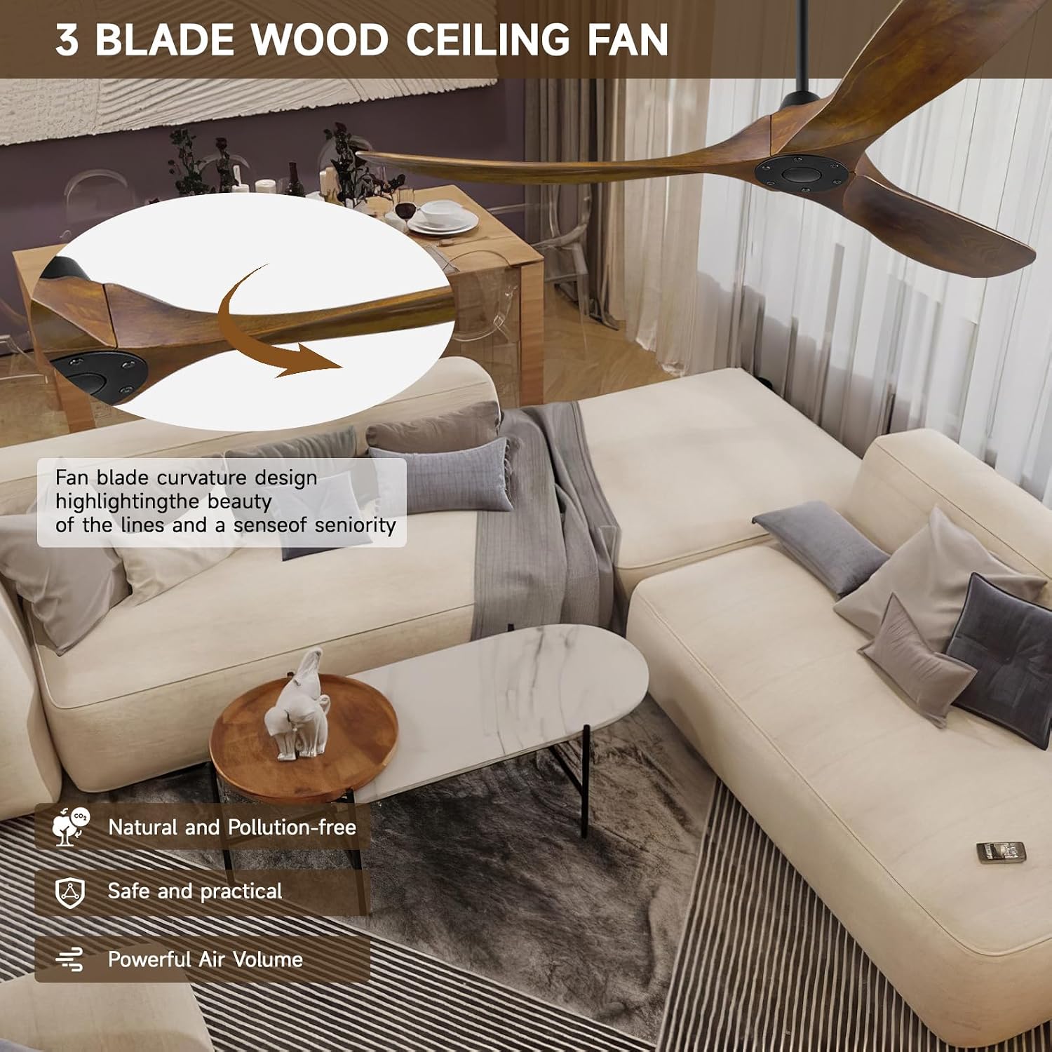 Ceiling Fan Without Light, 70" Large Wood Ceiling Fans with Remote, Outdoor Ceiling Fans for Patios, Large Airflow Modern Reversible Ceiling Fan for Interior Farmhouse Porch Living Room