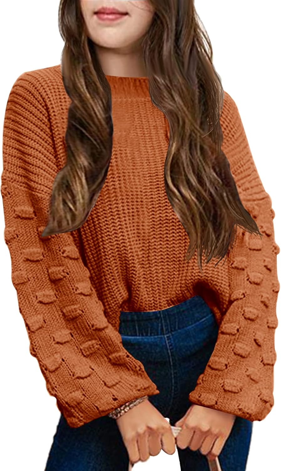 Girls Crewneck Knit Pullover Sweaters Long Lantern Sleeve Oversized Knit Cute Jumper Tops