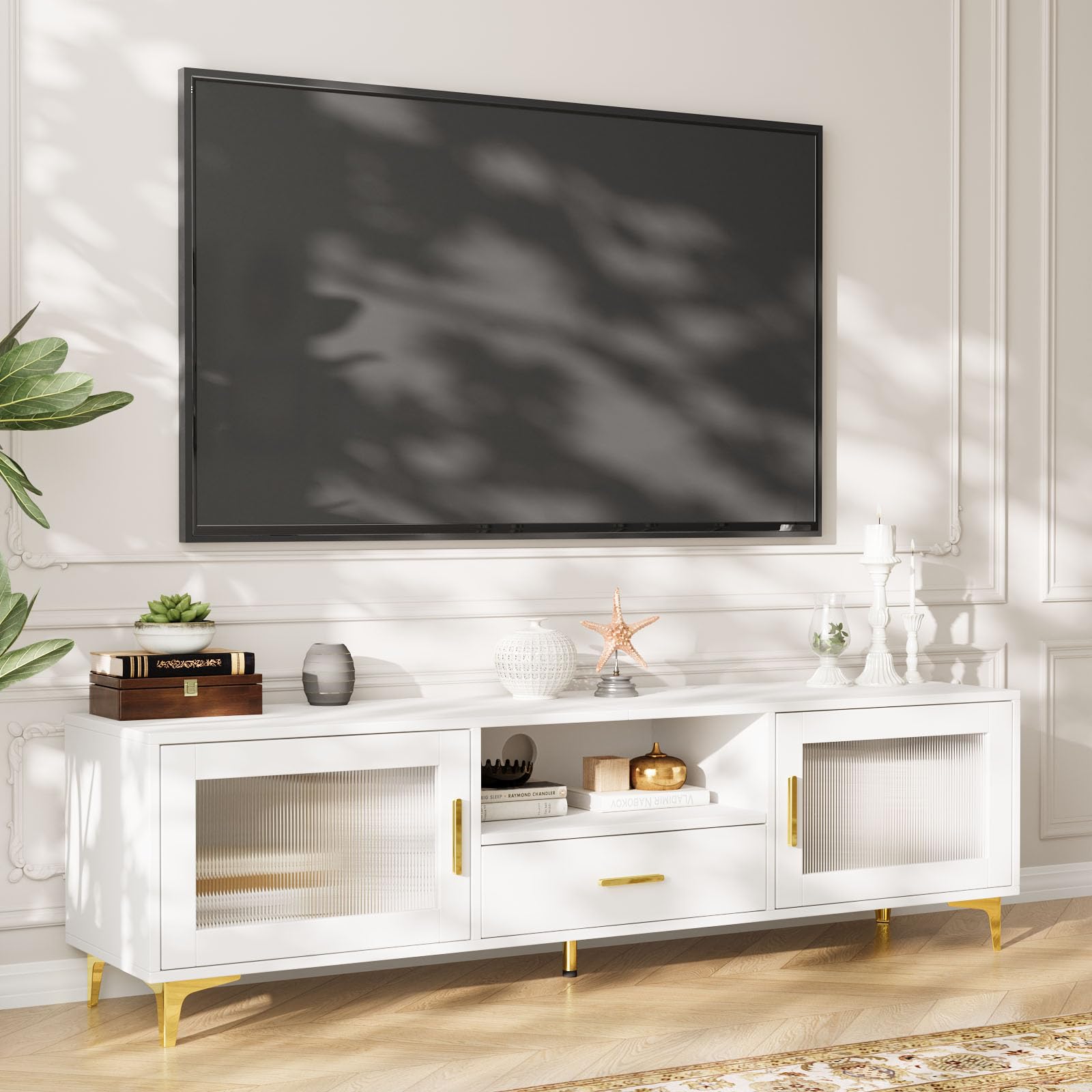 VOWNER Mobile TV, TV Basso fino a 65", Mobile TV con Vano Portaoggetti Aperto, Tavolo TV con Cassetti, Adatto per Coggiorno e Camera da Letto, 150 x 35 x 43 cm, Bianco
