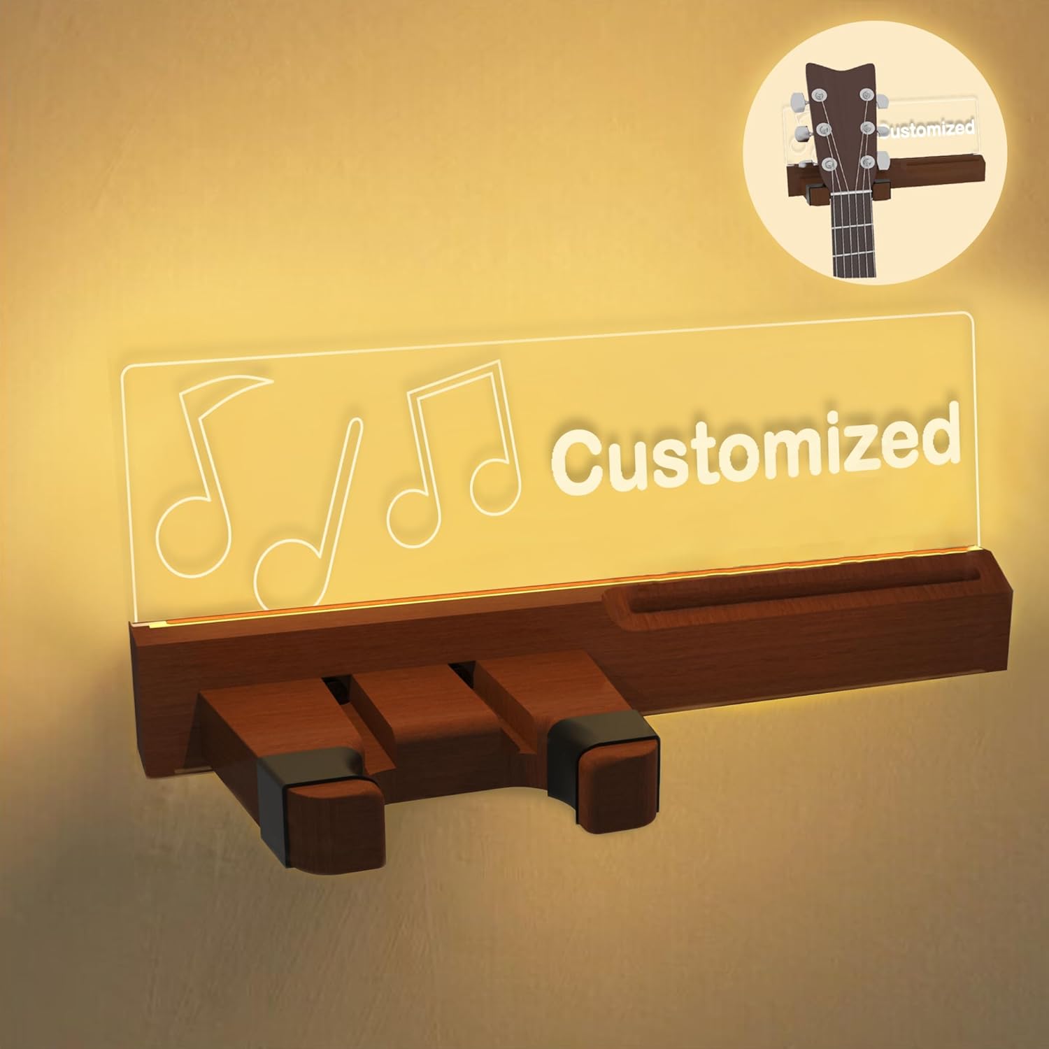 YuanDian Personalized Light Up Guitar Wall Mount with Pick Holder, Customized LED Guitar Hanger USB Powered for Acoustic, Electric, Bass, Ukulele, Mandolin, Guitar Gifts for Guitar Players Men