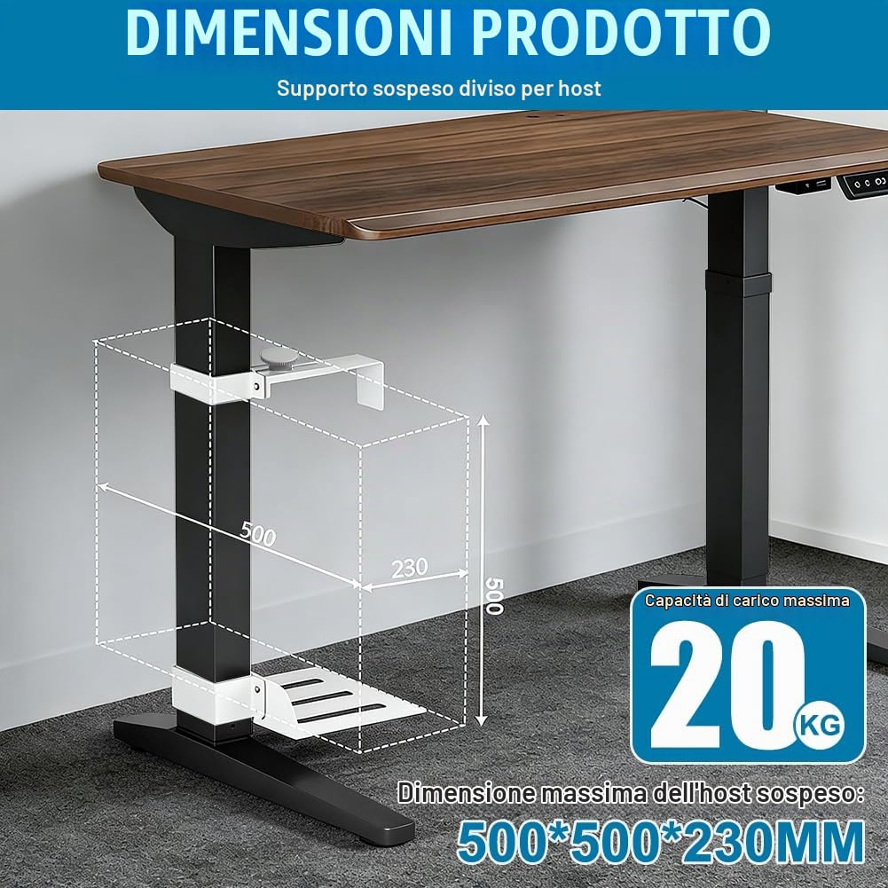 Supporto per PC sotto la scrivania senza fori, portata 20 kg, supporto per computer regolabile, adatto per gambe del tavolo da 65 x 45 mm, supporto per computer per tavoli alti (bianco)