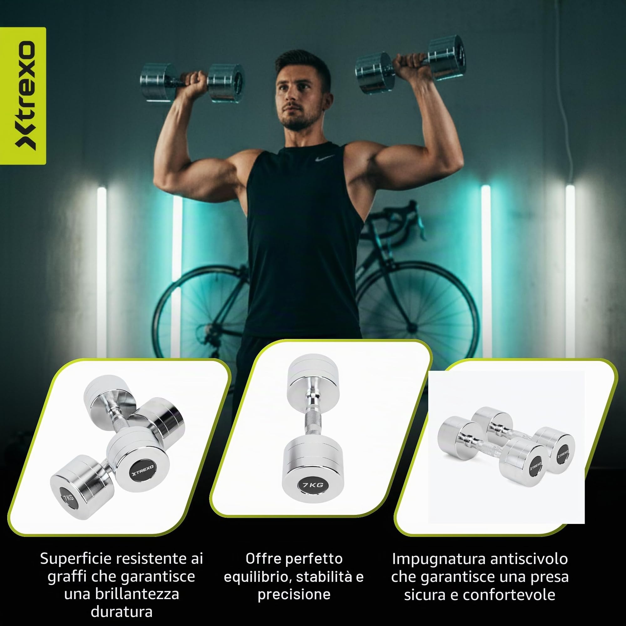 TREXO Set di manubri cromati da 2 x 7 kg, set di manubri in acciaio con manico antiscivolo, ideali per l'allenamento di forza, resistenza e funzionalità, perfetti per casa e palestra
