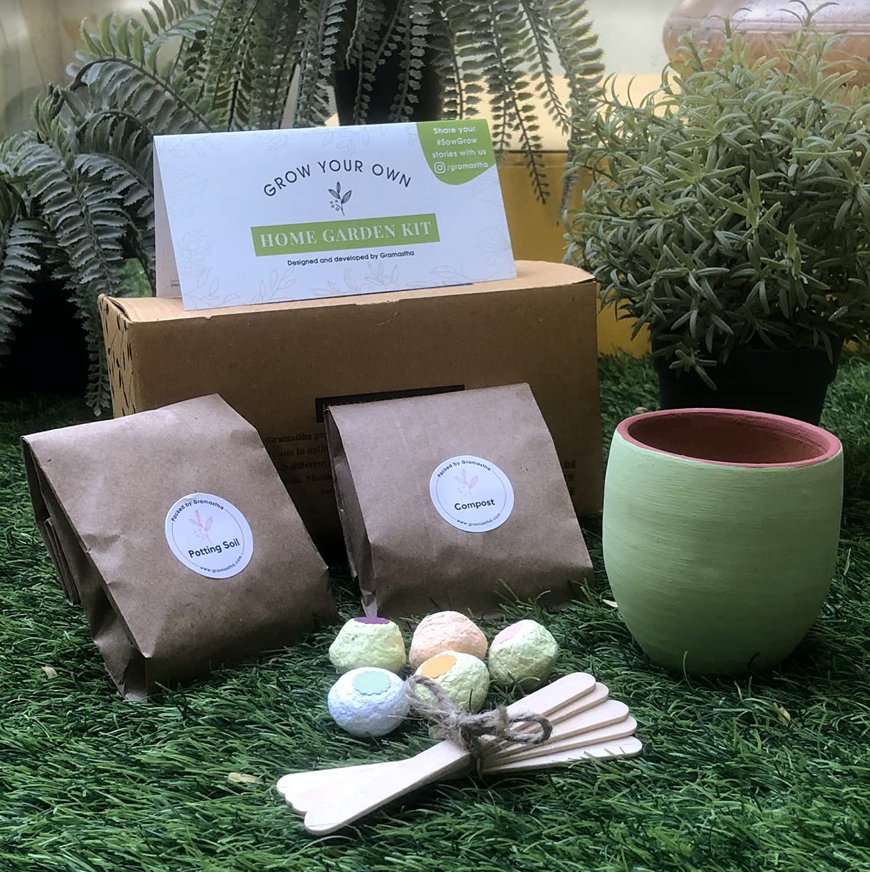 Gramastha Home Garden Kit | Tested & Packed for Terrace and Kitchen Gardening | Grow Your Own Food | Includes 1 Yellow terracotta planter, potting soil, compost, seedballs and tags | A Gift that Grows