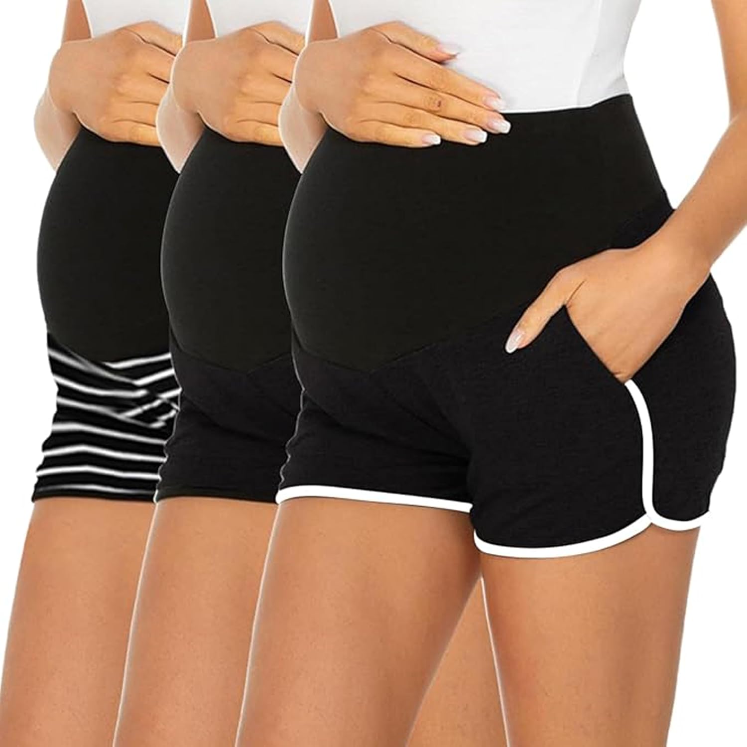 Ecavus 3 Pack Women's Maternity Shorts Workout Stretchy Lounge Sports Yoga Over Belly Pregnancy Shorts for Women with Pockets