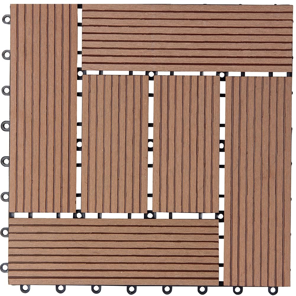 BAKAJI Juego de 11 piezas de azulejos WPC para jardín exterior, patio, balcón, suelo con drenaje de agua, azulejos de montaje empotrado, resistente a los agentes atmosféricos, diseño incrustado
