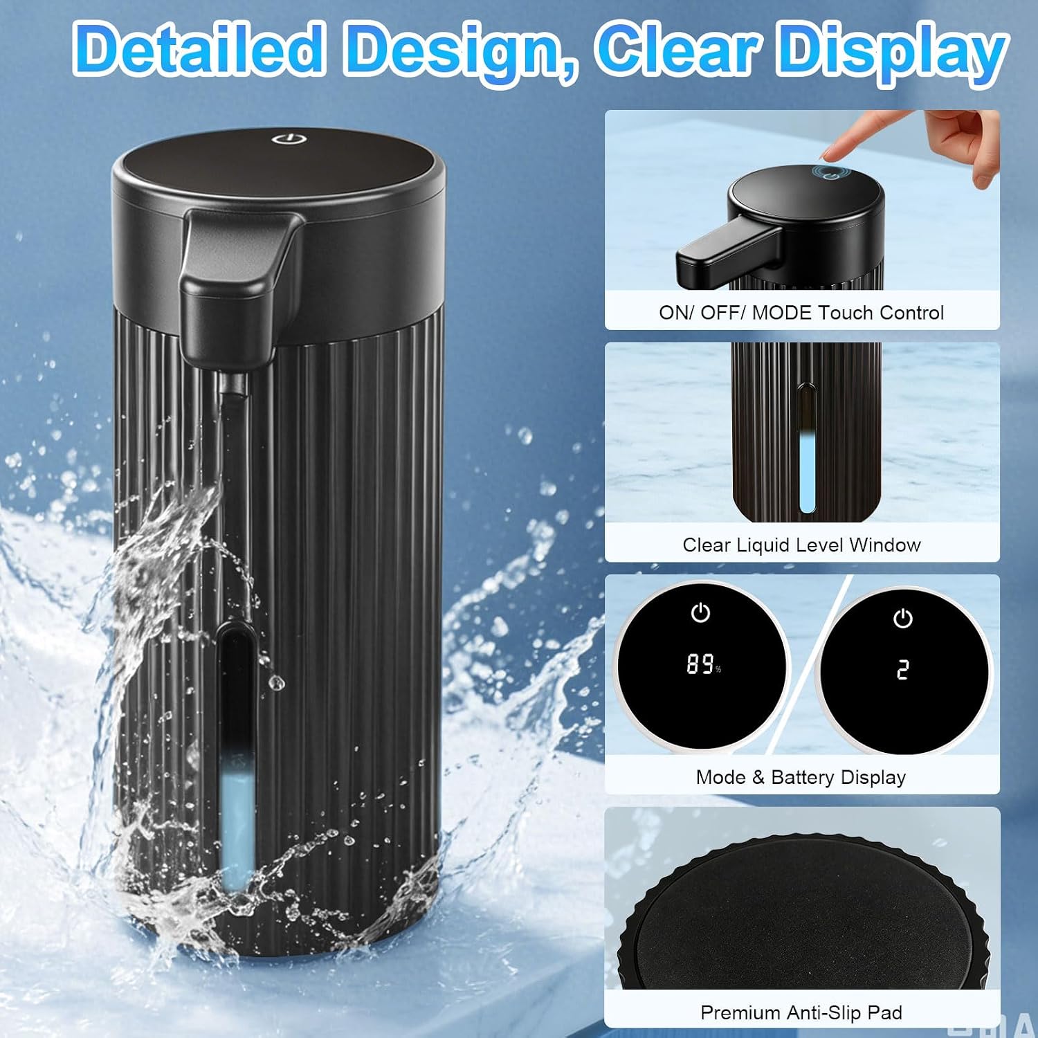 Automatic Foaming Soap Dispenser Touchless, USB Rechargeable Hand Soap Dispenser, 4-Level Adjustable, 14.2oz/420mL, IPX5, Compatible with Thick Thin Dish Soap for Bathroom Kitchen Accessories, Black