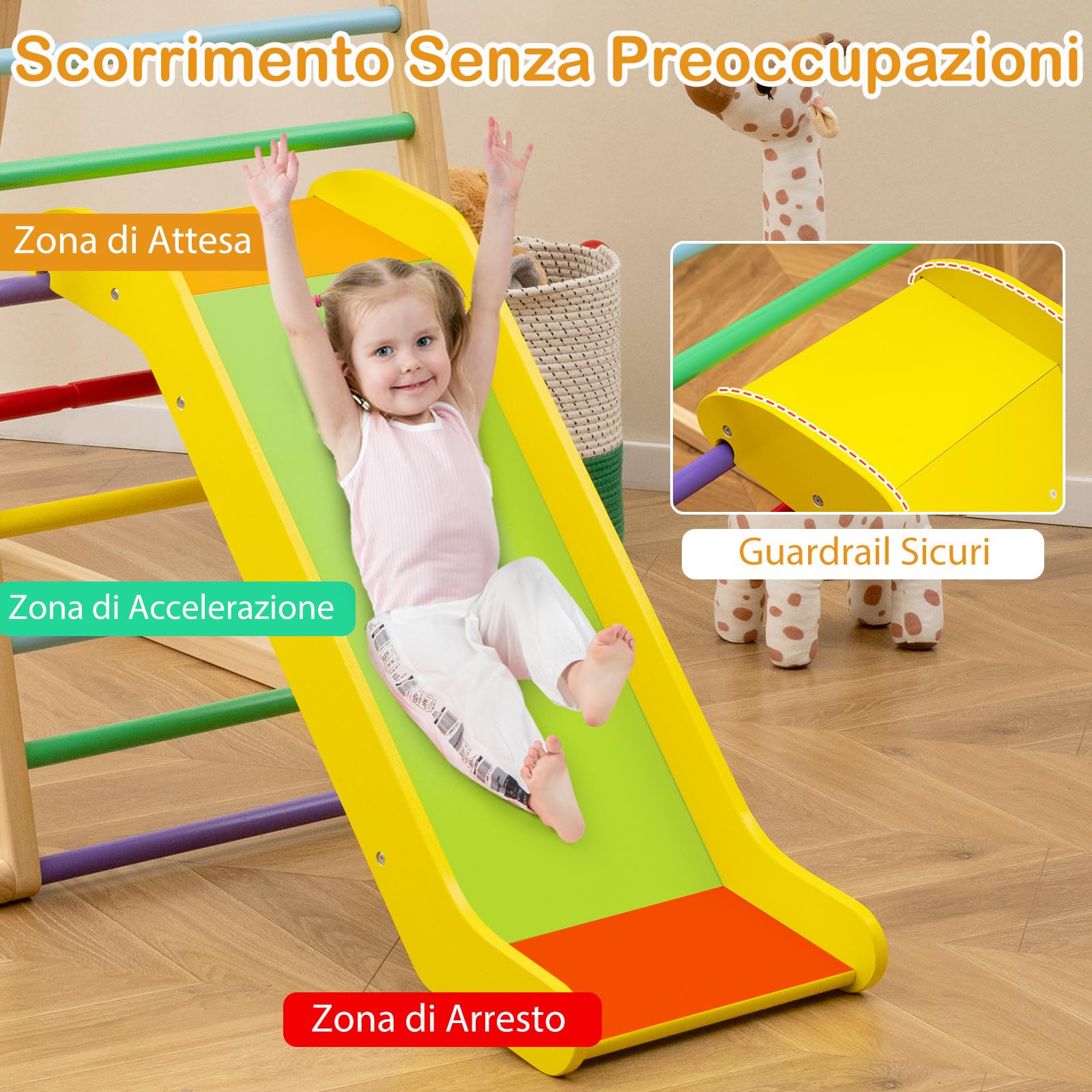 COSTWAY Set Arrampicata 4 in 1, Parco Giochi Interno in Legno con Sbarre Rete da Arrampicata e Scala da Arrampicata, per Bambini 1 Anno+ (colorato)