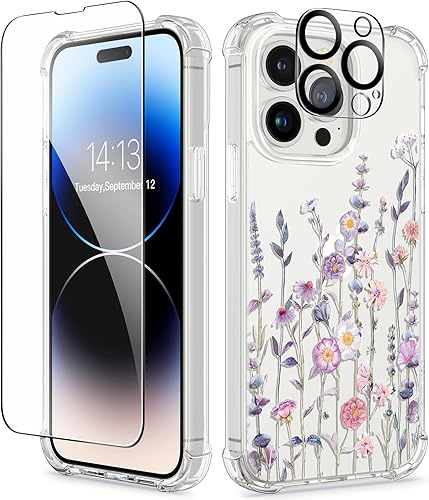 GVIEWIN Funda compatible con iPhone 14 Pro con protector de pantalla y protector de lente de cámara, diseño floral, delgada, a prueba de golpes, de