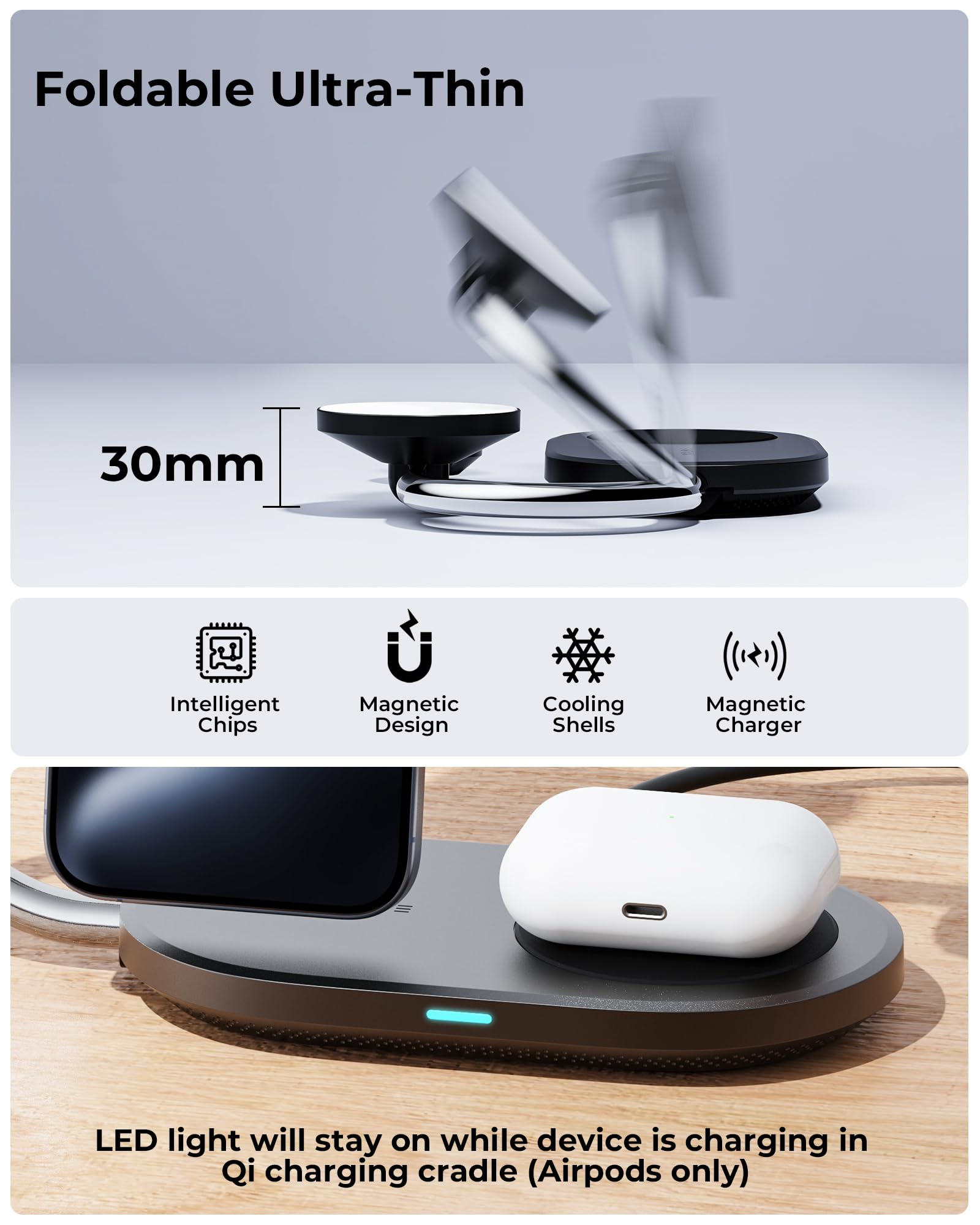 VOLTME MagPak 3 en 1 Cargador Inalámbrico, 15W Base de Carga Plegable de Viaje Qi2, Recarga Rápida Compatible con iPhone 16 15 14 13 Pro MAX Airpods iWatch y Otros, Incluye 40W USB-C Cargador y Cable