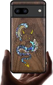 Carveit Wood Case For Pixel 7a - Natural Wood & Black Soft TPU Shockproof Protective Cover - Unique & Classy Wooden Phone Case - Compatible With Google Pixel 7a (Viking Compass-Blackwood