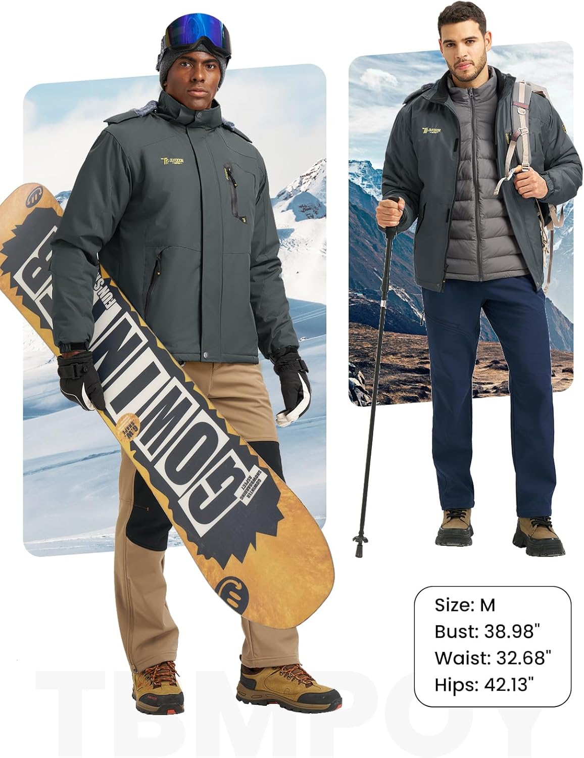 TBMPOY Men's Winter Jackets Skiing Waterproof Snow Thick Fleece Lined Hooded Utility Cold Weather Warm Outdoor Ice Work - Image 6