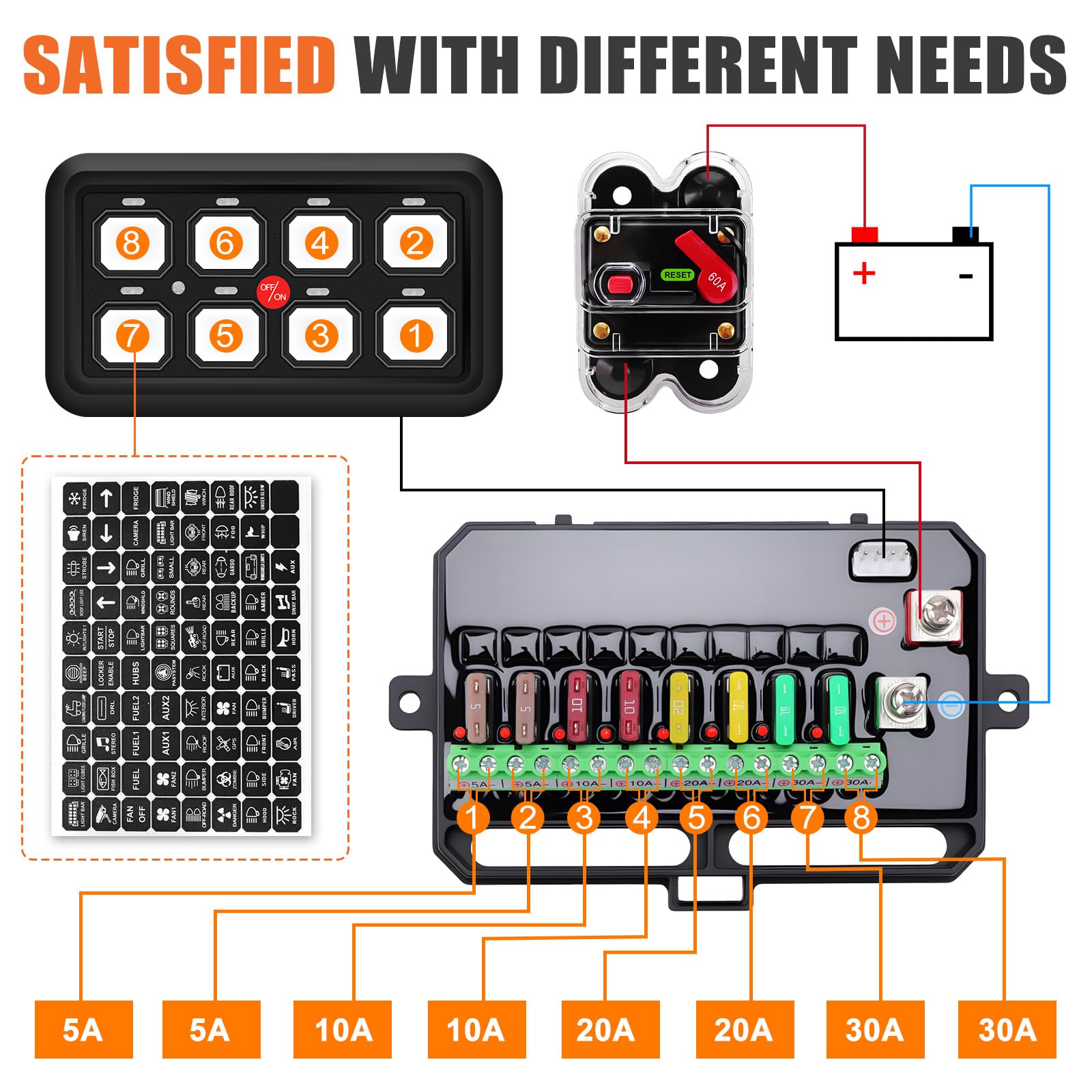 Pannello di commutazione a 8 vie, pannello di commutazione marino, pannello di comando degli interruttori 12V/24V con 7 colori 60A, 600W/12V, 1200W/24V, per auto, camion, barca, jeep, yacht