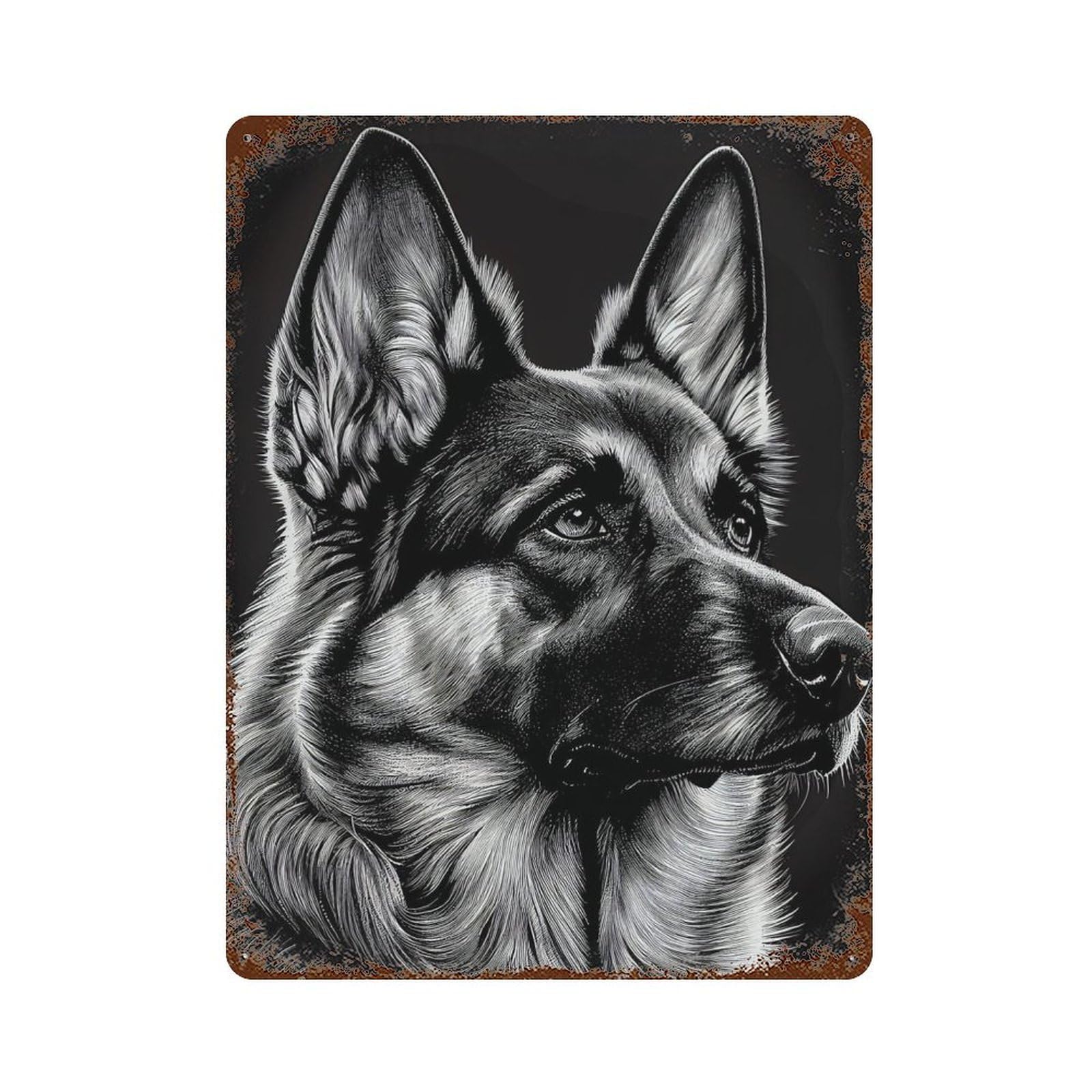 German Shepherd Drawing Rusty Metal Tin Sign 15.7"x11.8", for Basement, Hobby Room And Garage Decor, Retro Wall Decor