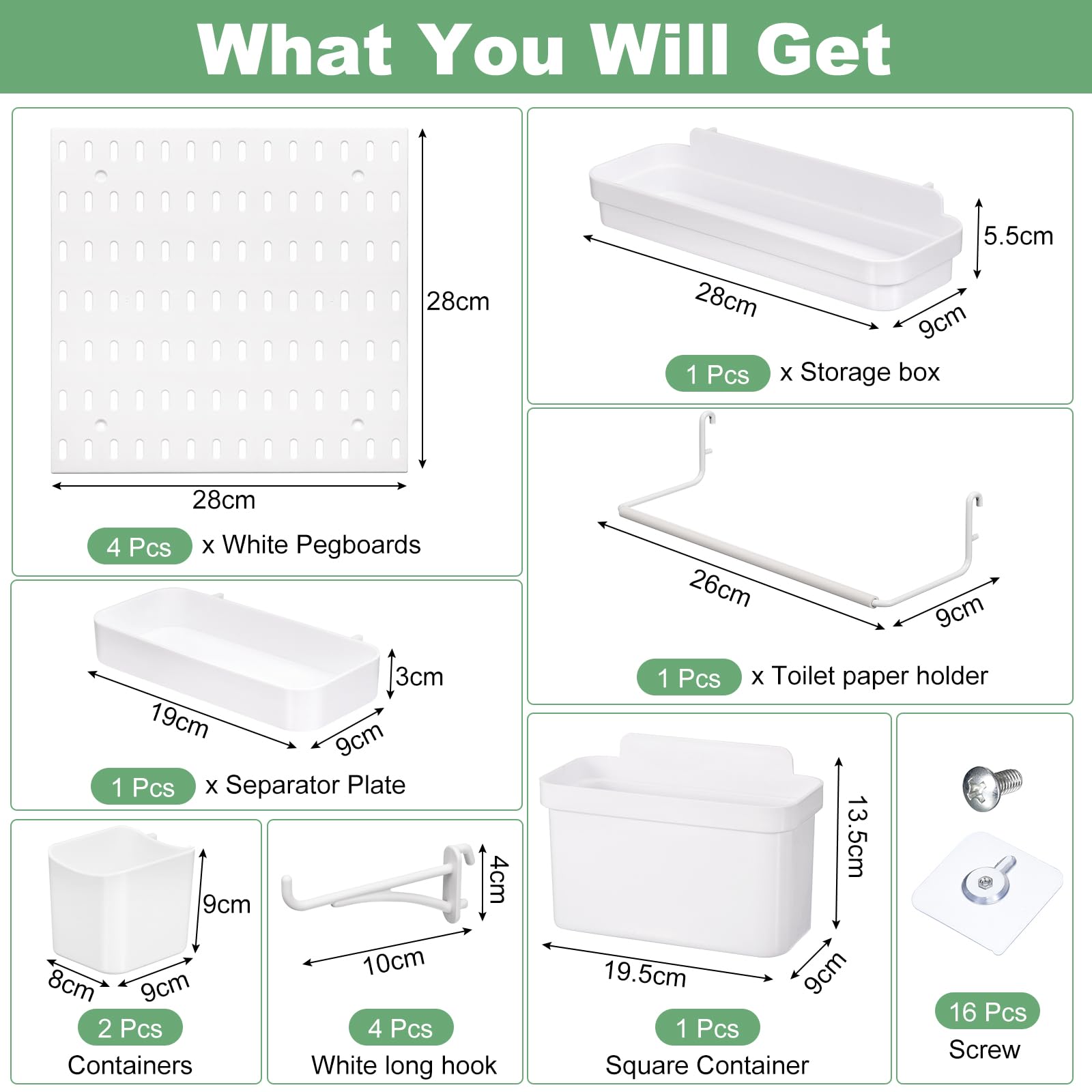QUARKZMAN 4uds Plástico Perforado Tablero Pared Perforado Tablero Panel Kits Incluido Inodoro Papel Soporte Blanco Largo Gancho Almacenamiento Caja Contenedores Separador Plato