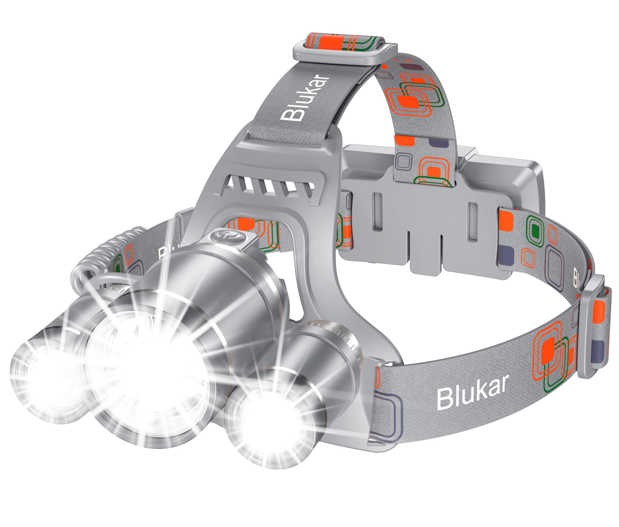 Blukar LED Headlamp, Super Bright Rechargeable Headlight Flashlight-3 Lights 5 Modes,Zoomable,Spotlight&Floodlight Combi