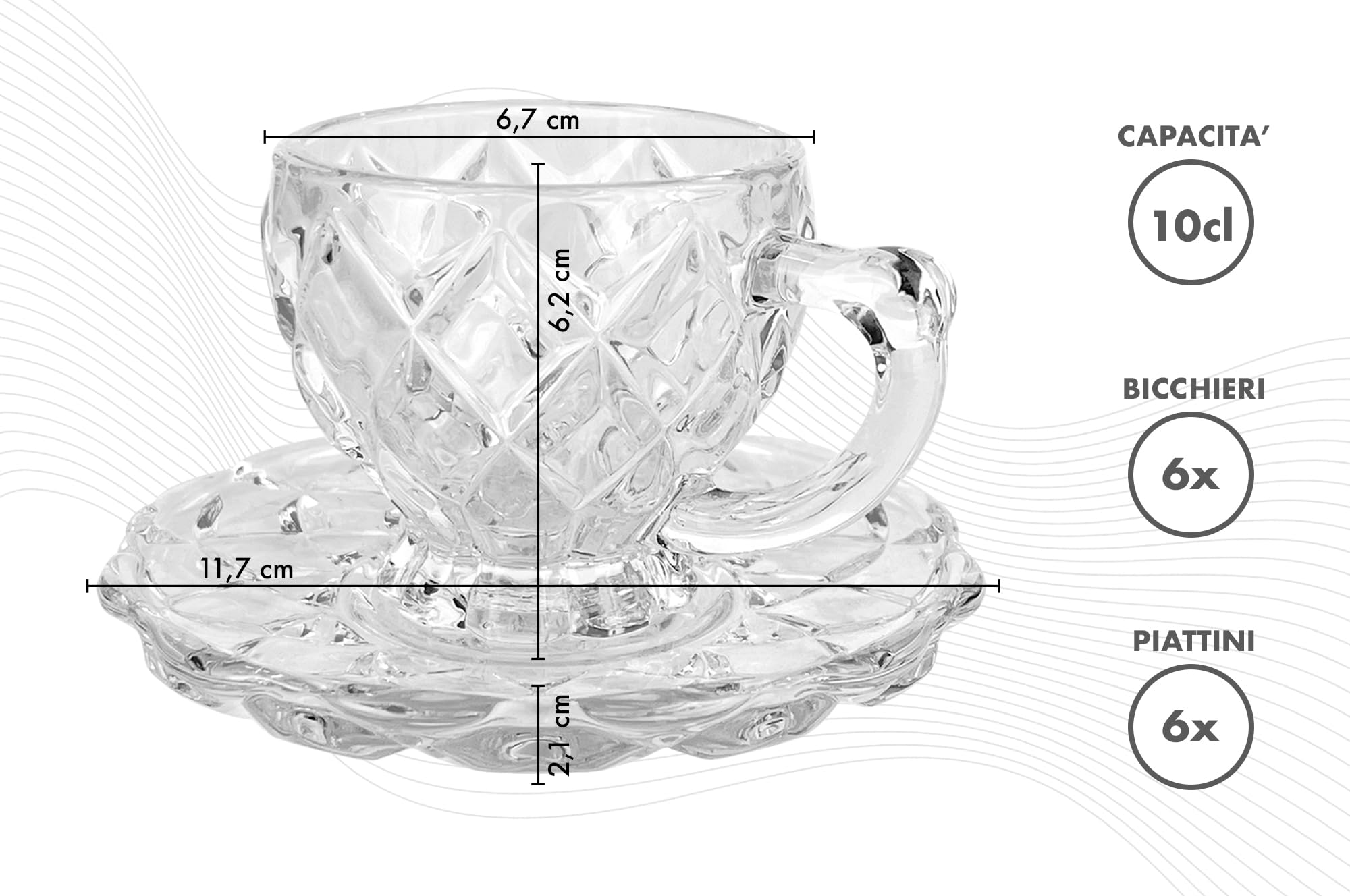 IlGruppone Set 6 Tazzine caffè in Vetro con Piattino Eleganti 100 ML Lavabili in Lavastoviglie Trasparenti Certificate Contatto Alimentare in Elegante Confezione Regalo Ricamate Bicchierini Coplenza