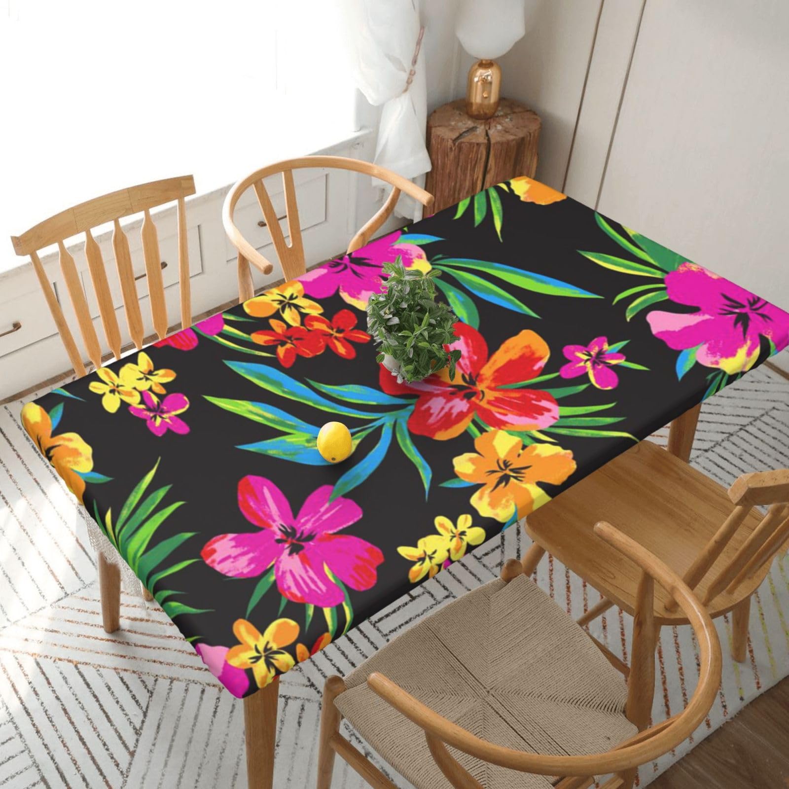 DCEHGEW Elastic Fitted Rectangle Tablecloth for 5ft Tables, Hawaiian Colorful Flower Printed Oilproof & Washable Fabric Picnic Table Cloth Table Covers