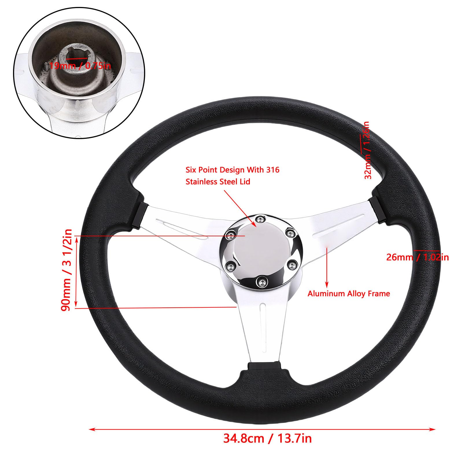 Keenso Kierownica łodzi Rama ze Stopu Aluminium Kierownica Morska z osłoną ze Stali Nierdzewnej 316 348 Mm 13,7 Cala Konstrukcja z 3 Ramionami do łodzi Jachty Łodzie Motorowe Łodzie Rybackie