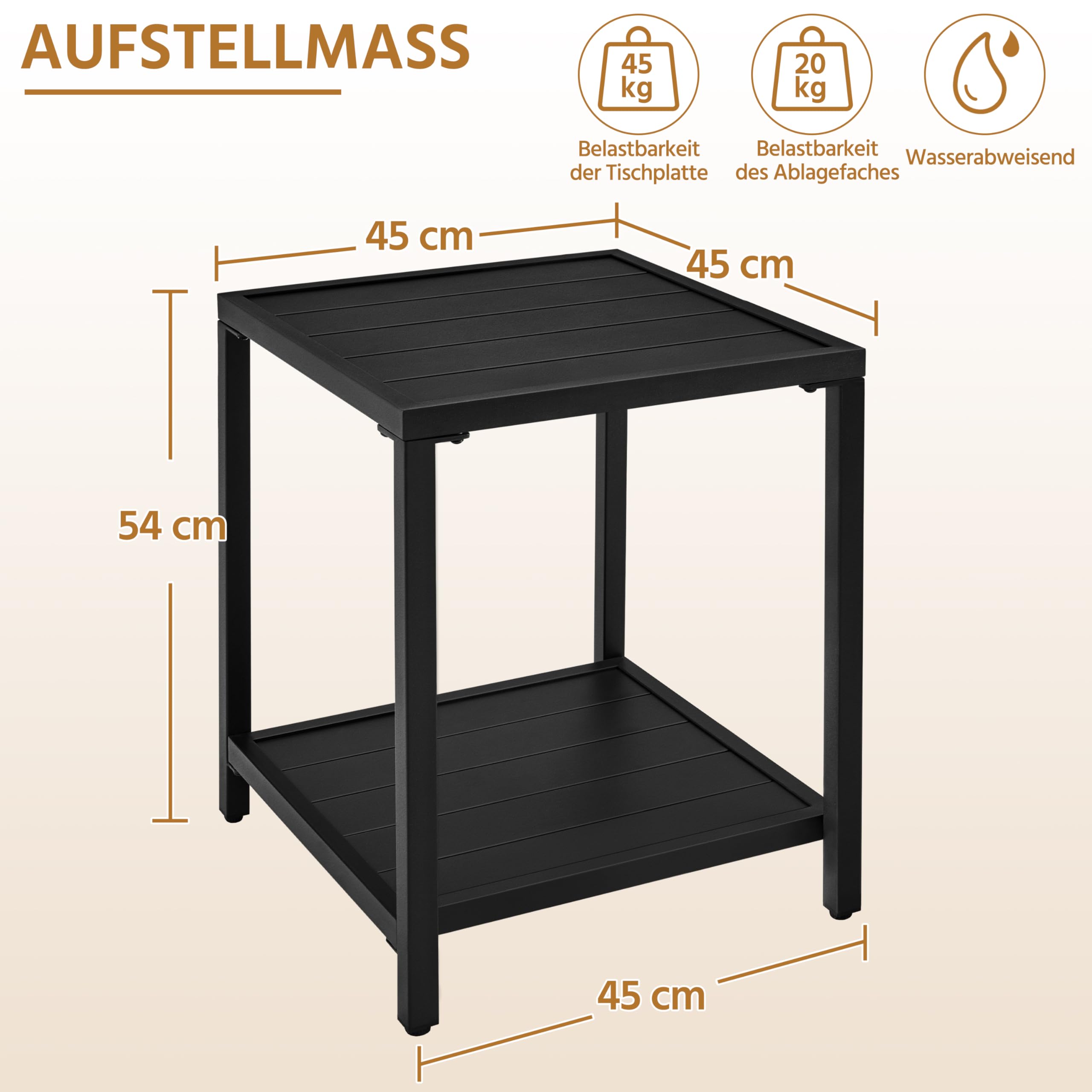 Yaheetech Doppelschichtiger Gartentisch Beistelltisch aus Latten Quadratischer Kaffeetisch aus Metall für Draußen Outdoor-Tisch 45×45×54 cm Schwarz