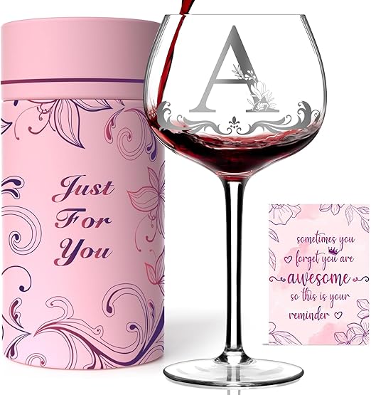 Personalized Monogram Gifts for Women - Customized Initial A-Z Wine Glass, Unique Birthday Christmas Gifts for Her, Mom, Wife, Sister, Daughter, Friend (Letter A)