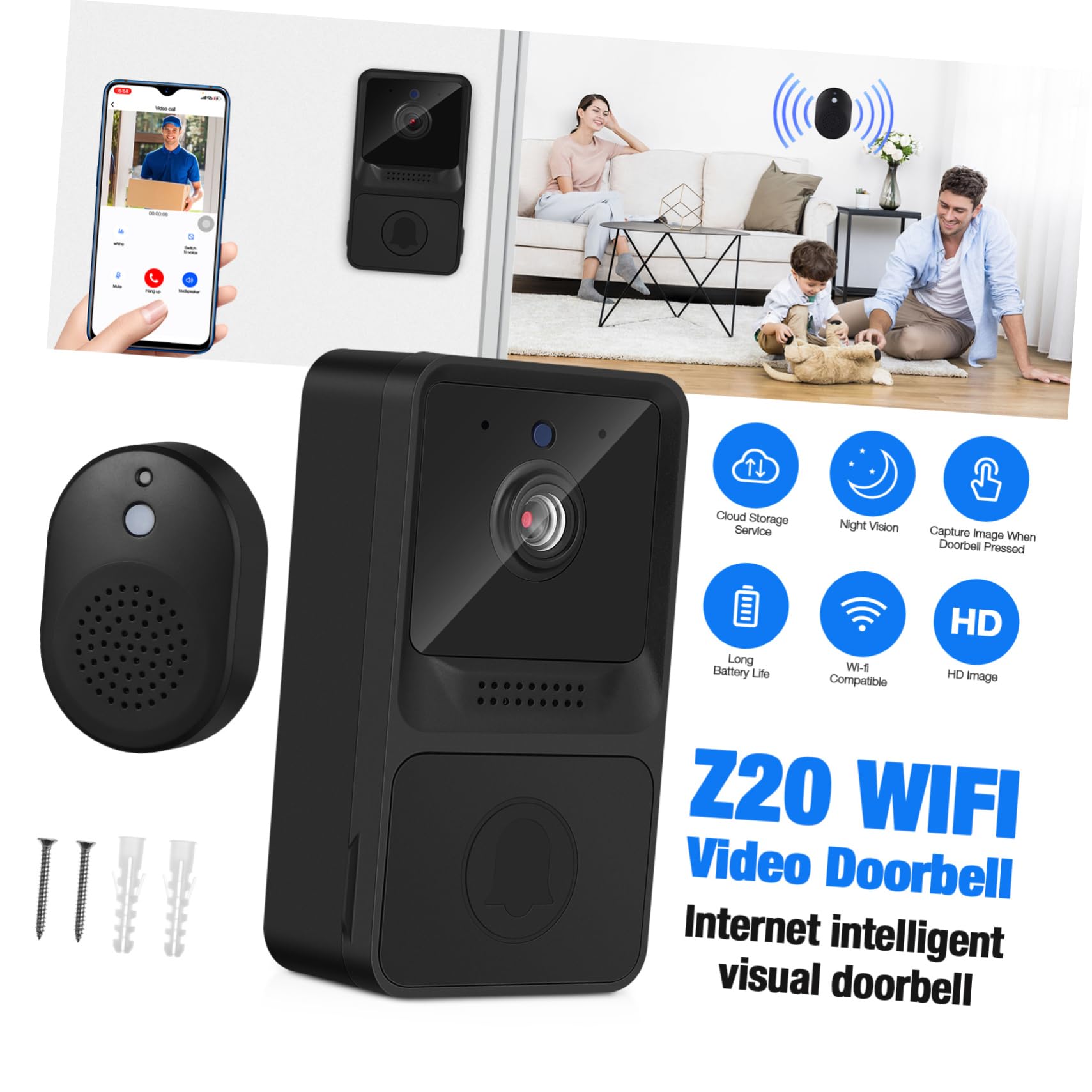 Mikikit 3pezzi Campanello Wifi Con Video e Audio Bidirezionale Videocitofono Notturno Smart Per Casa Ufficio e Dormitorio Nero
