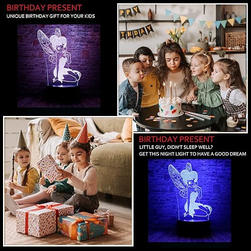 Miniatura 5 de Magic Elf Tinker Bell Miss Bell Anime Character Pretty Fairy Bulb 3D Optical Illusion LED Lámpara de mesa para dormir con control remoto 7 colores