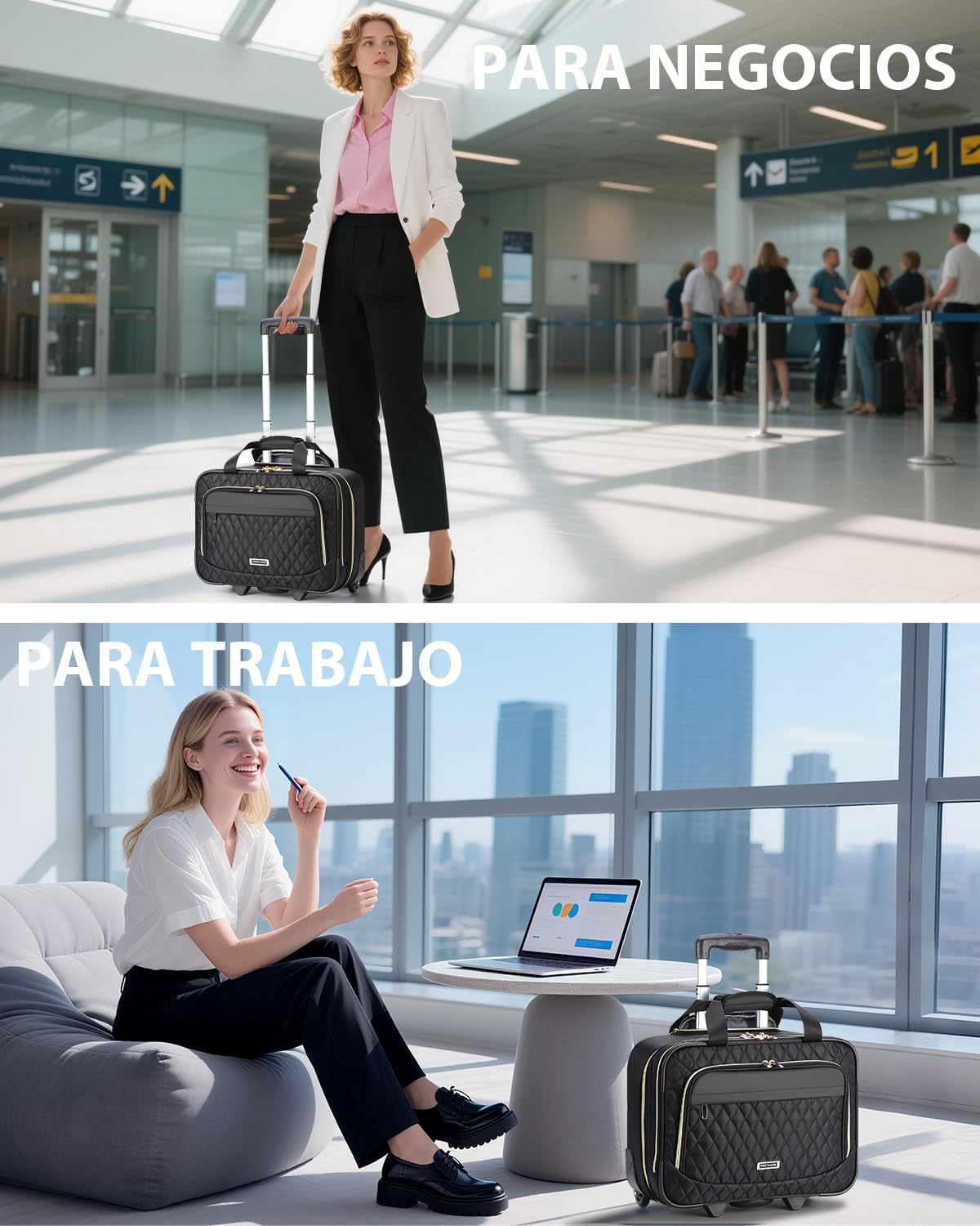Ponhog Maletin con Ruedas Portatil 15,6 Pulgadas para Mujer, Impermeable Laptoptasche mit Rollen para Negocios, Viajes, Escuela, Negro