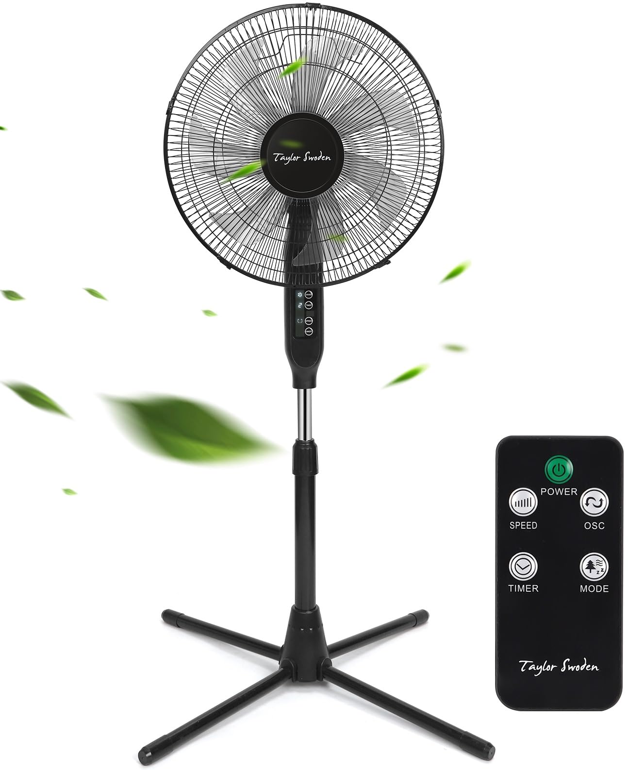 Taylor Swoden Ventilatore a Piantana con Telecomando, Potente Silenzioso, 7 Pale, Timer 9H, 3 Velocità & 3 Modalità (Normale/Naturale/Sleep), Oscillazione 70°, Altezza Regolabile, 50W, Nero