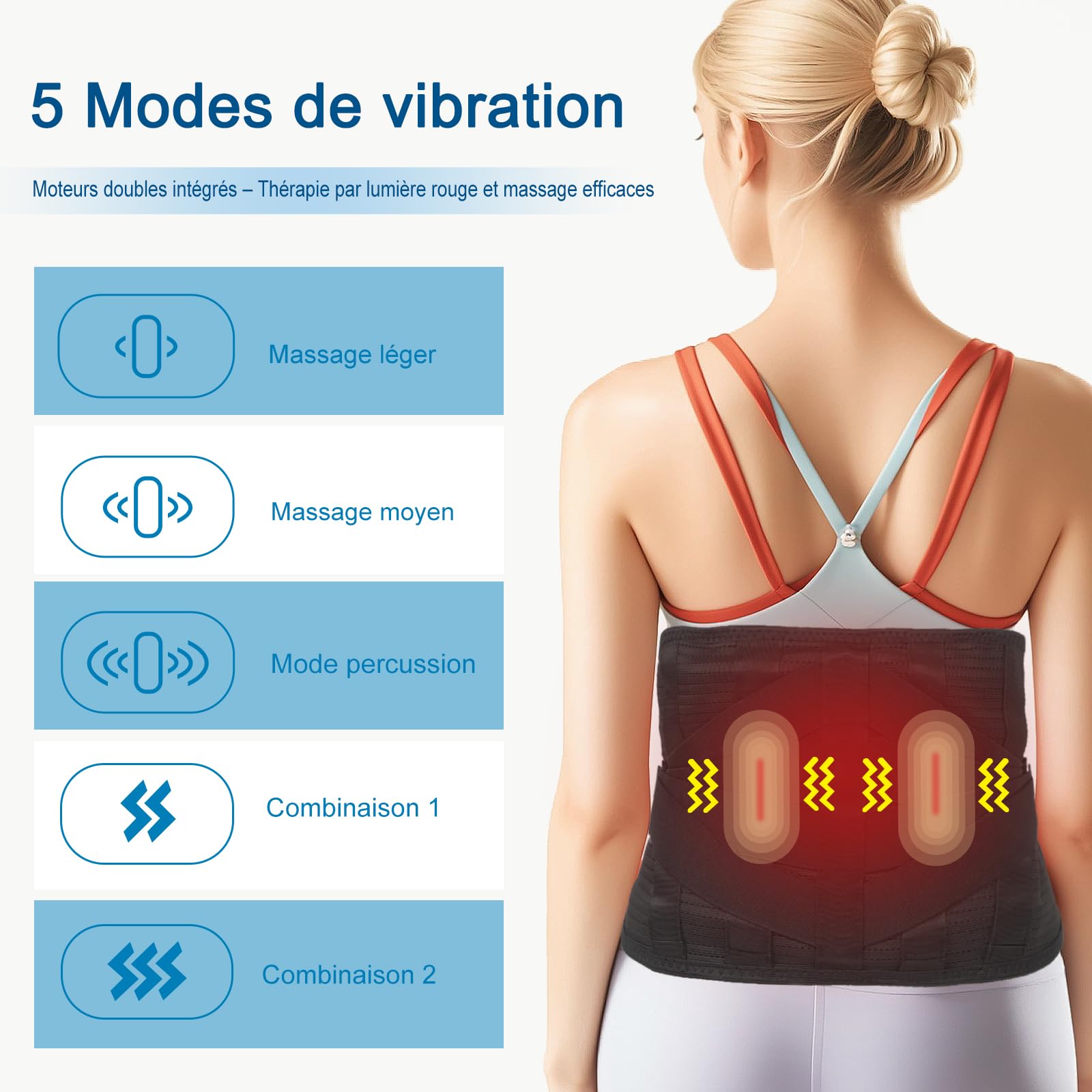 Ceinture de massage du dos chauffante sans fil avec thérapie à la lumière rouge, batterie de 5000 mAh, ceinture chauffante pour soulager la douleur et se détendre, idéale pour la récupération