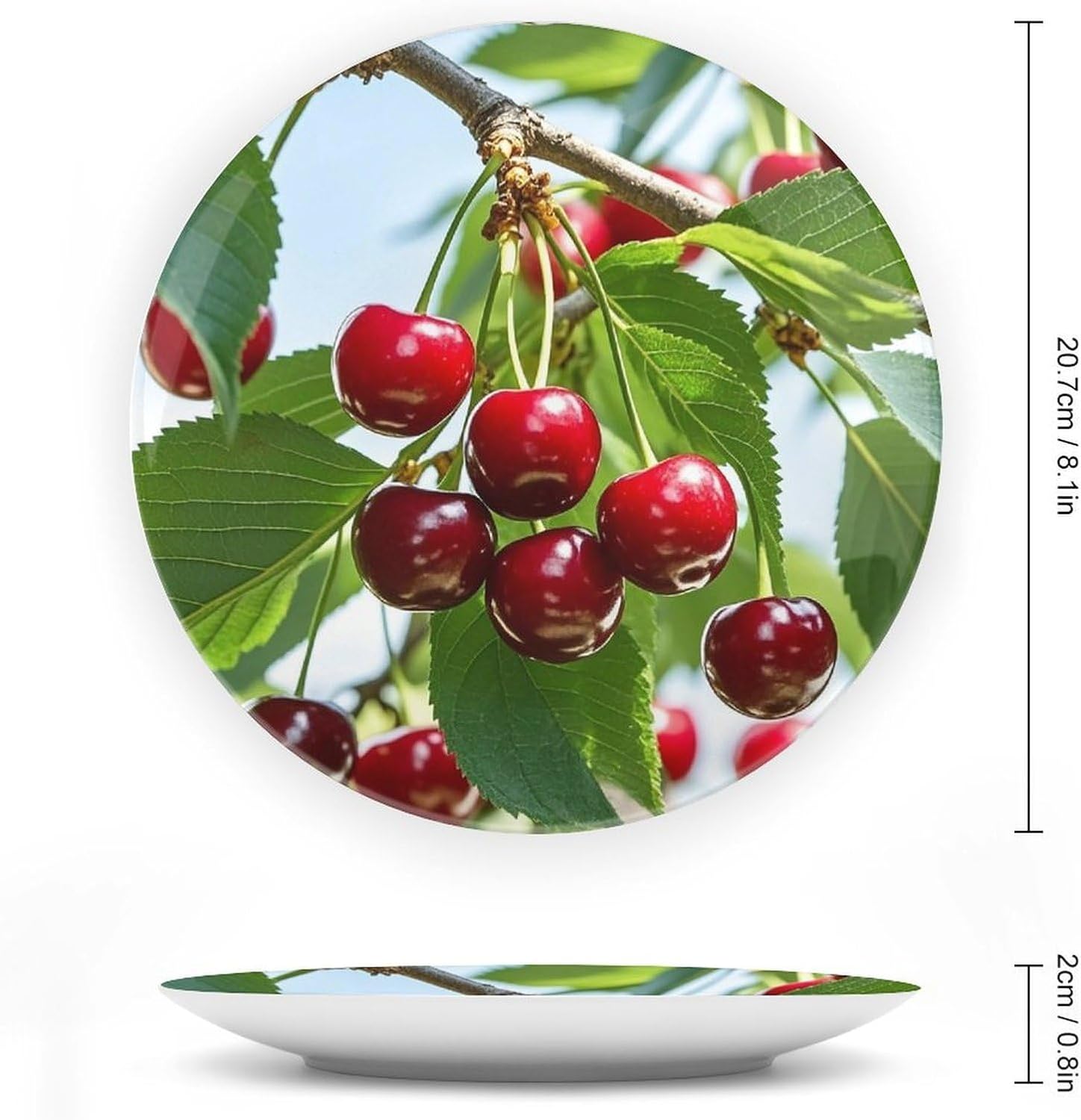 Cute Cherry Decorative Ceramic Plate Round Porcelain Plate Decor Personalized Bone China Decorative Plates Ceramic Ornaments Dessert Plates with Display Stand 8inch