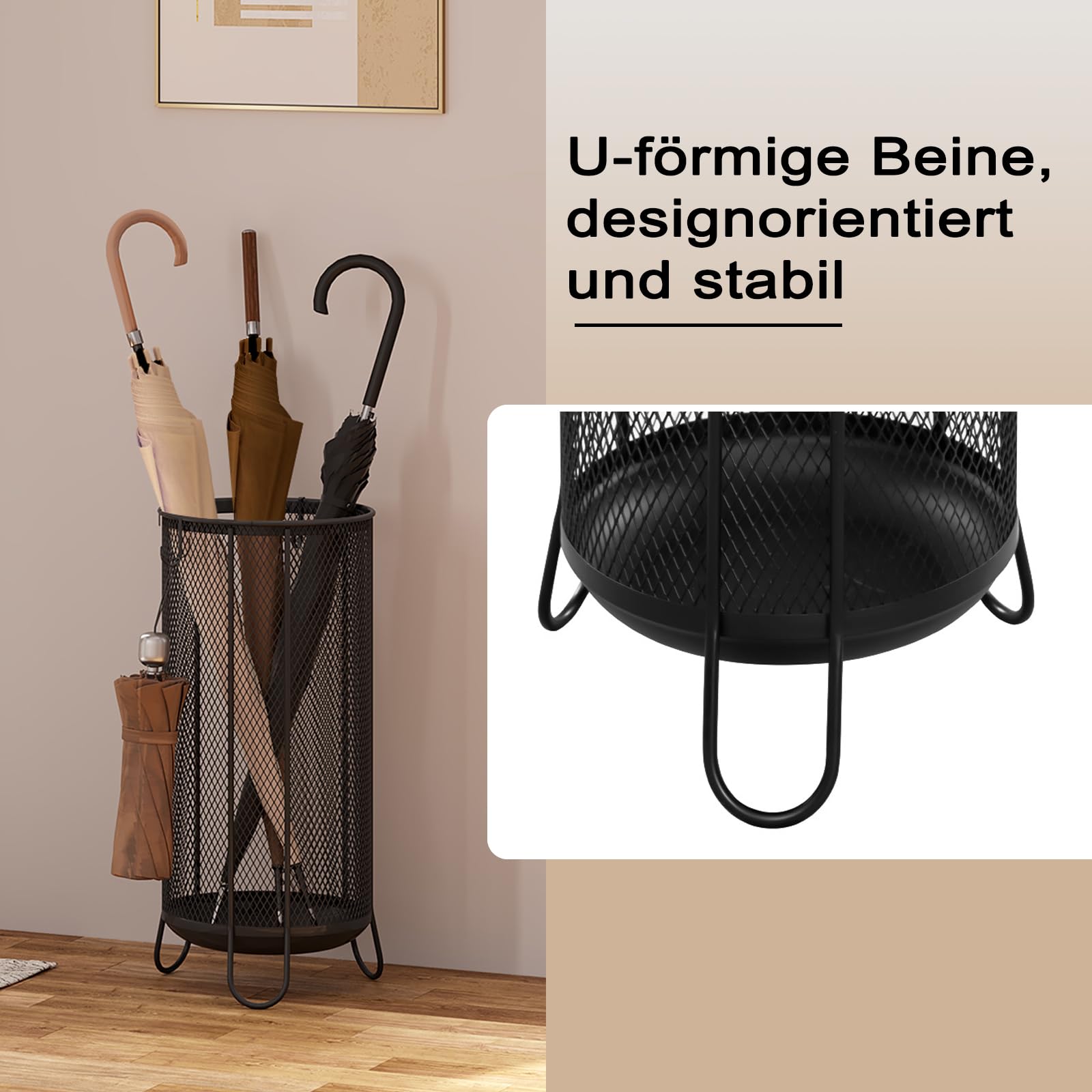 WOLTU Regenschirmständer Metall, Ø23xH49cm, aus Drahtgitter, runder Regenschirmhalter, Stockhalter, 4 Haken, für Faltschirme Taschenschirm, Anthrazit