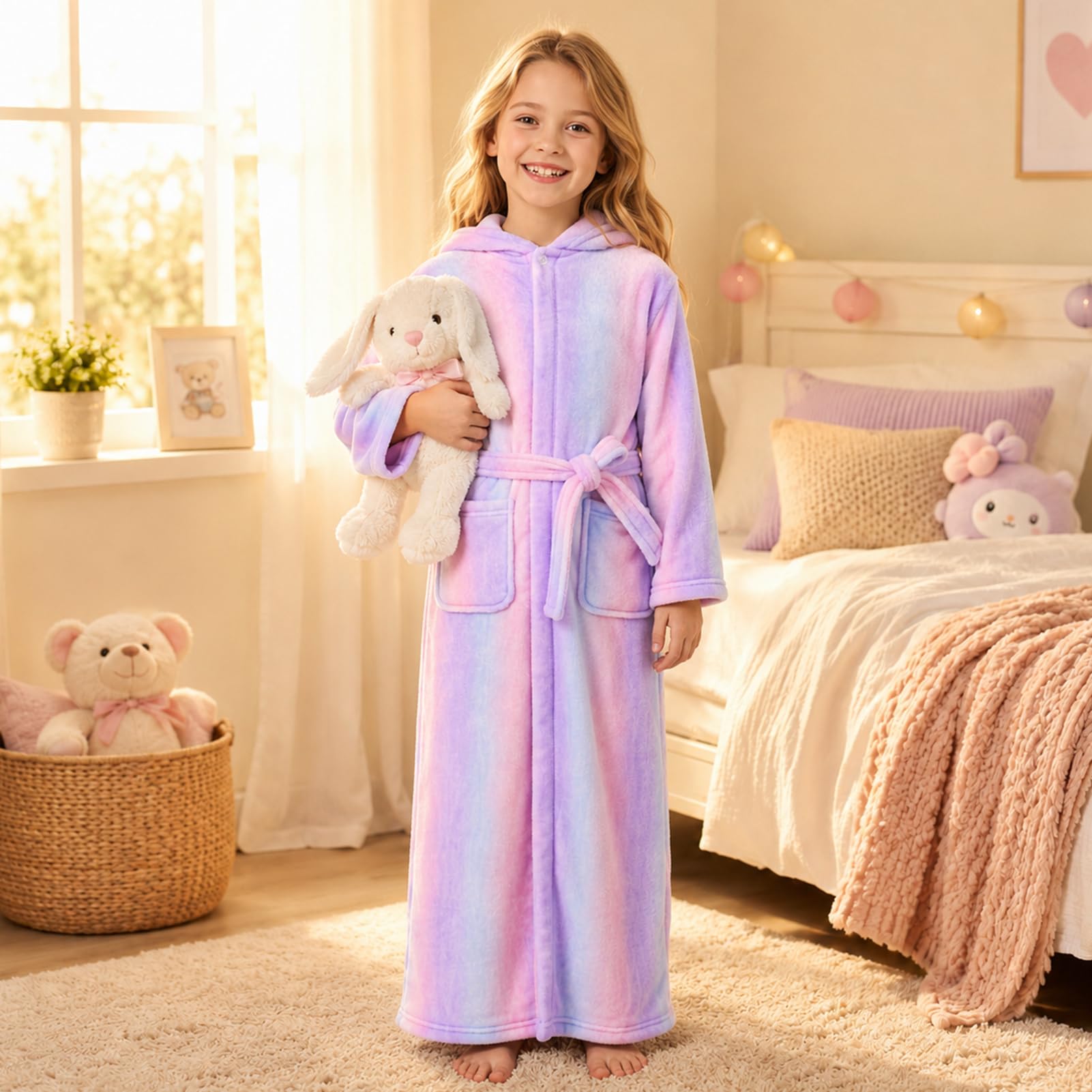 ACTLATI Plüsch-Bademantel mit Kapuze für Mädchen, volle Länge, weicher Fleece-Bademantel mit Gürtel und Taschen, langer Kindermantel für Mädchen im Alter von 3–13 Jahren
