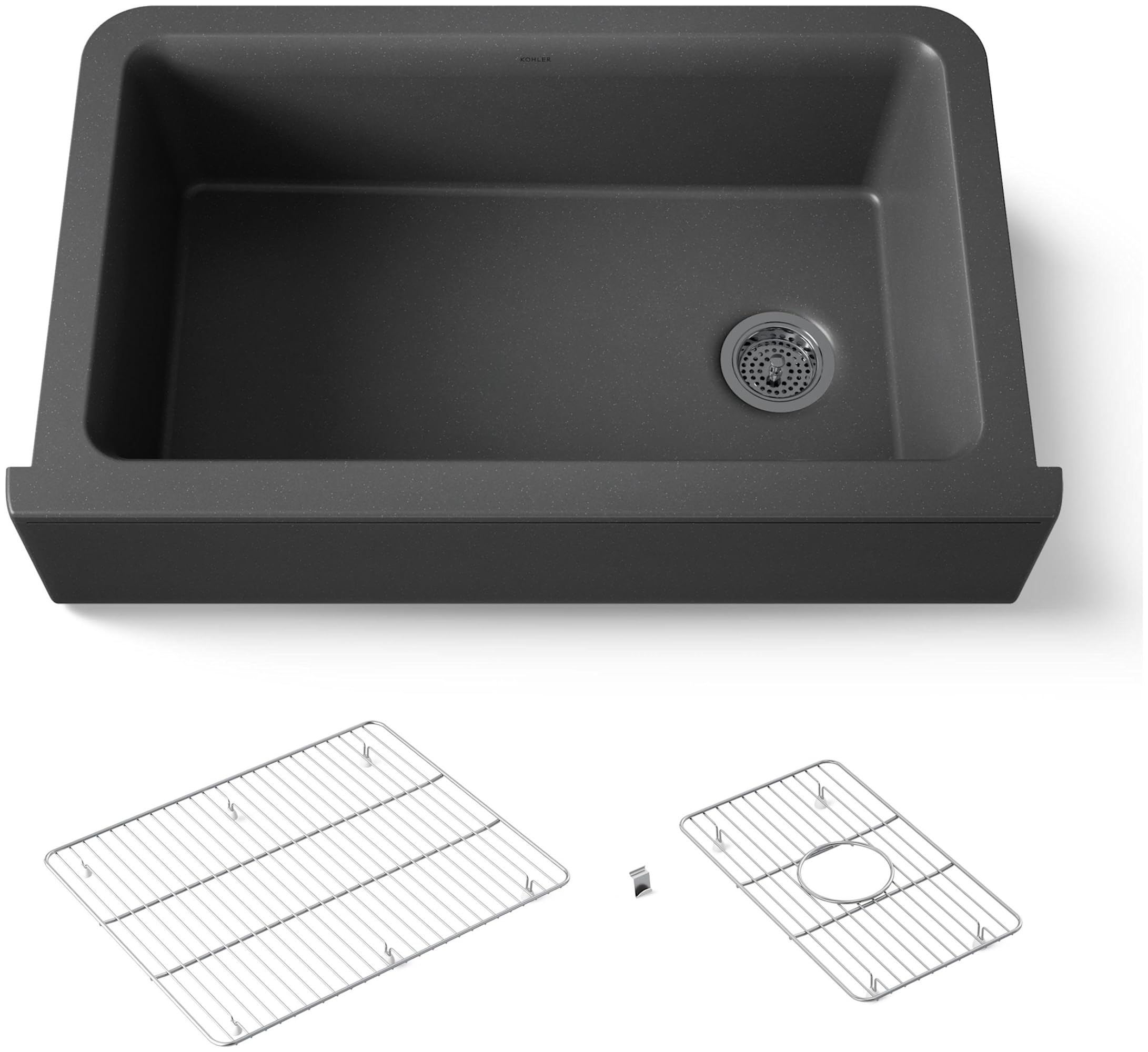 KOHLER K-25786-CM7 Cairn 34" Undermount Single-Bowl Farmhouse Kitchen Sink, Neoroc Composite Kitchen Sink with Sink Rack and Towel Hook, Matte Graphite