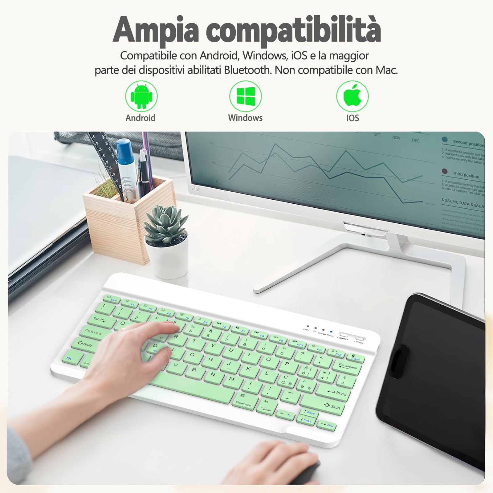 KARFUN Tastiera Wireless Bluetooth Ricaricabile Ultra Sottile per iPad/Samsung/Android/Windows, Tastiera QWERTY Italiano Bluetooth per iPad e Dispositivi Universali