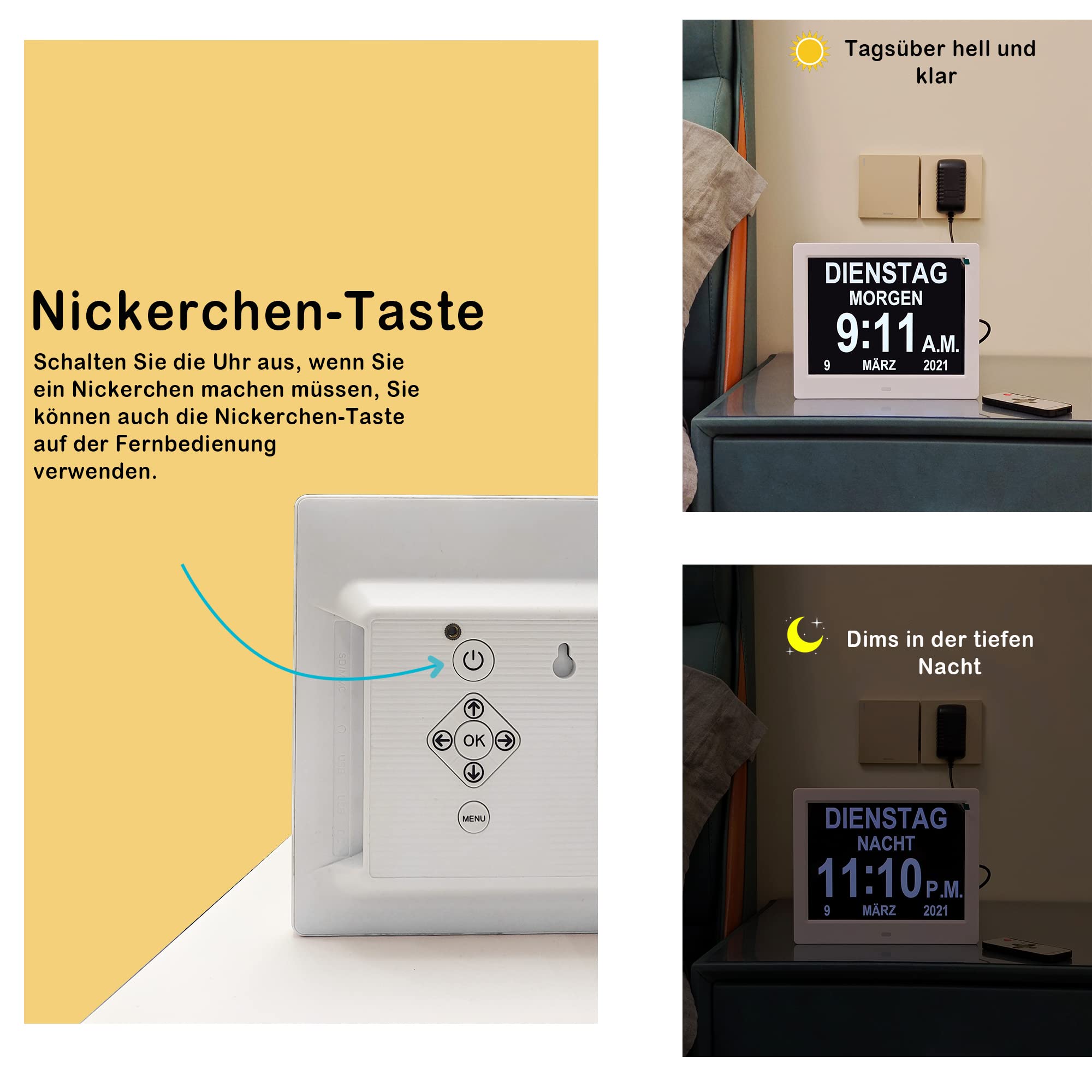 Véfaîî Upgraded 19 Alarme Elektronische Tag Datum Kalenderuhr, Nicht-Abgekürzte Tag Datum Große Uhr für Senioren mit Demenz Alzheimer – mit Fernbedienungr – 8 Zoll mit Fernbedienung