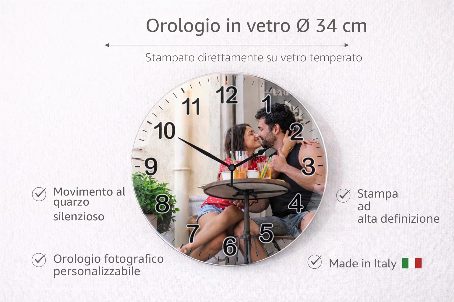 SOLO ORA Orologio da parete personalizzabile con foto/immagine e/o scritta, diam.34 cm in Vetro, ottima idea regalo,regalo San Valentino, regalo personalizzato (34 Cm Vetro)