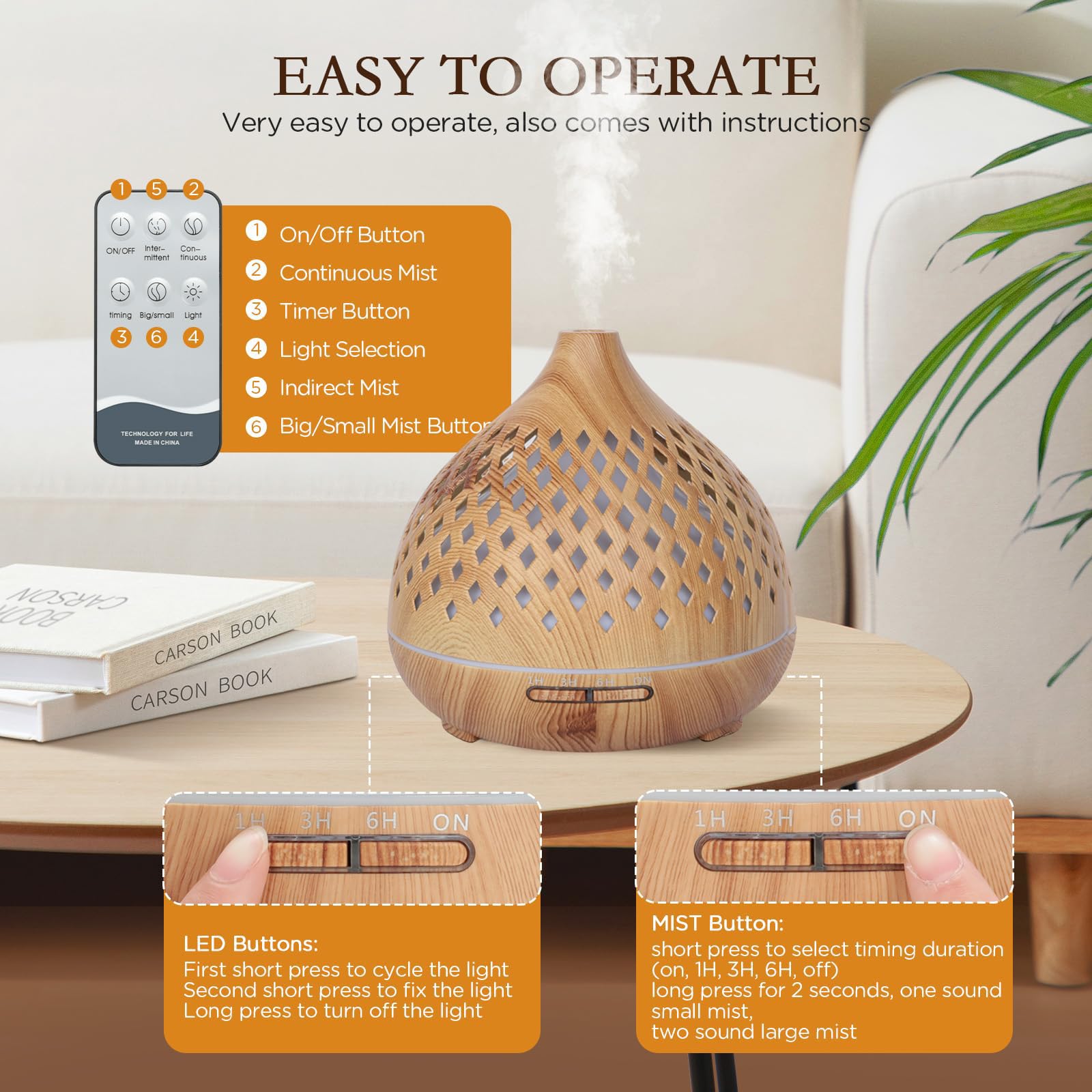 Cozary Diffuseur d'Huile Essentielle, 400ml Ultrasonique Diffuseur Huiles Essentielles Electrique avec Télécommande 3 Minuterie, 7 Couleurs LED Humidificateur d'air, Arrêt Automatique