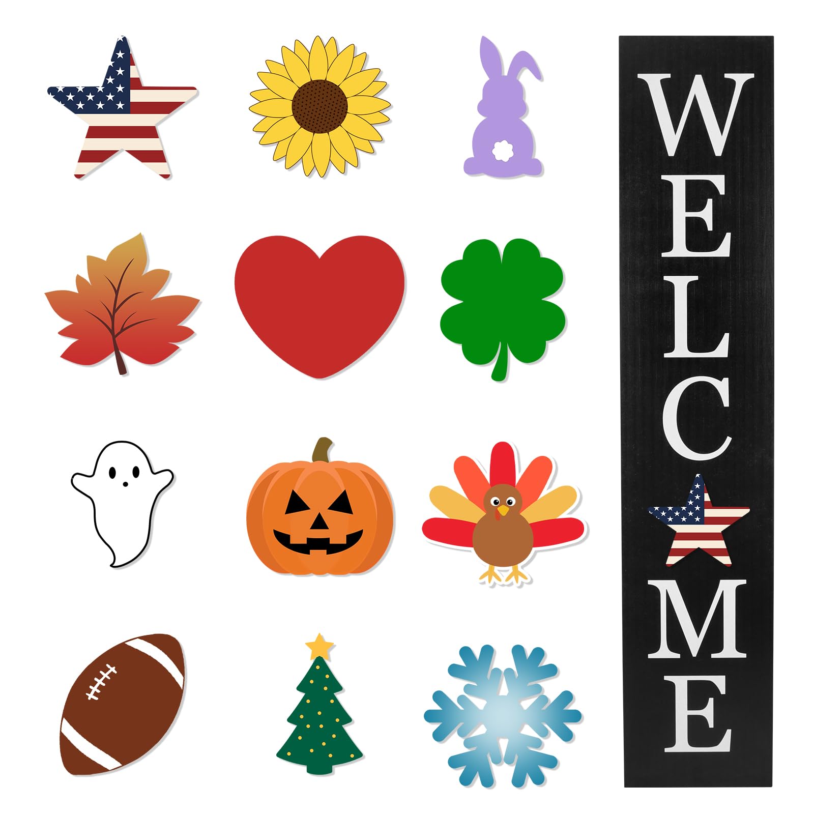 interchangeable wooden porch welcome sign with 12 interchangeable icons 45"x9" large standing hanging seasonal home decor for porch wall yard decorations (black)