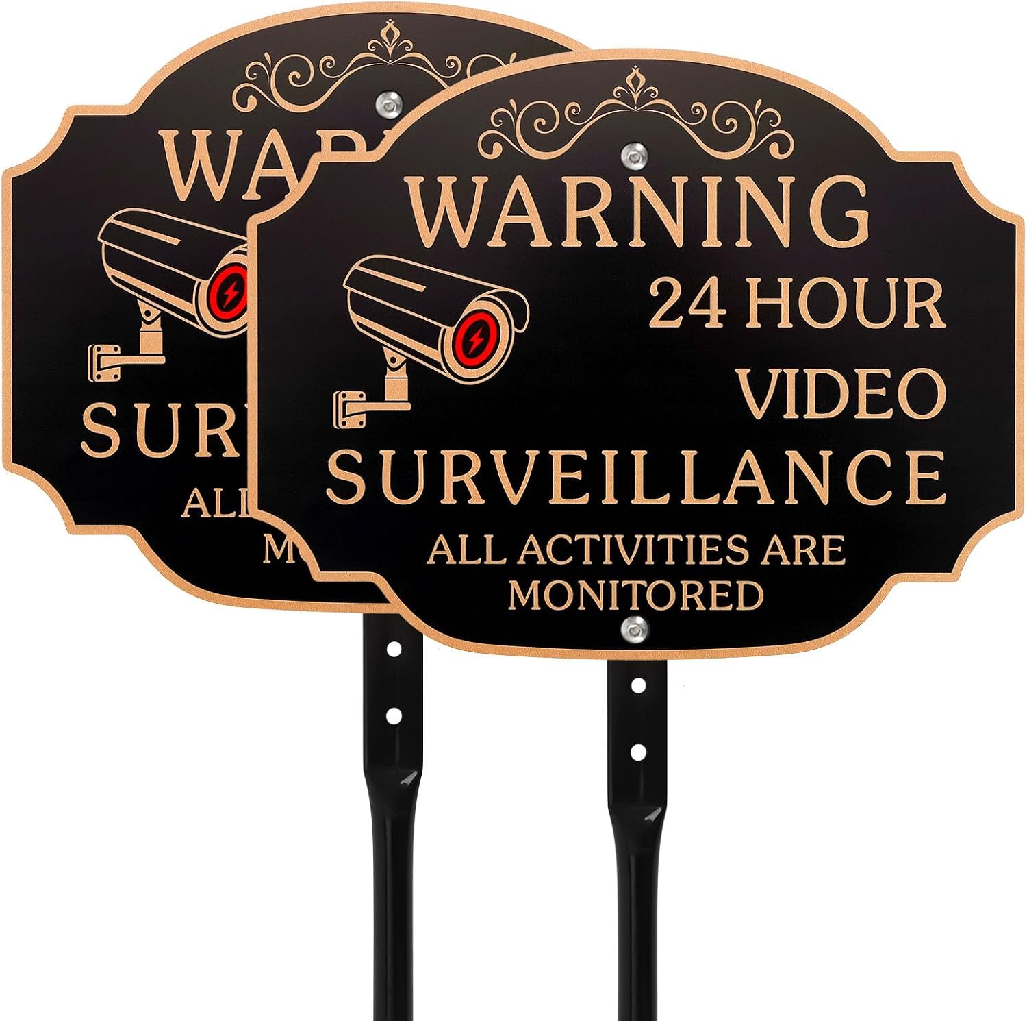 (2 Pack) Video Surveillance Sign, Aluminum 11.6x9 Inch Security Sign with 35.8" Metal Stake for Outdoor Home, Yard & Business, No Trespassing Warning Compatible with ADT/Camera Systems