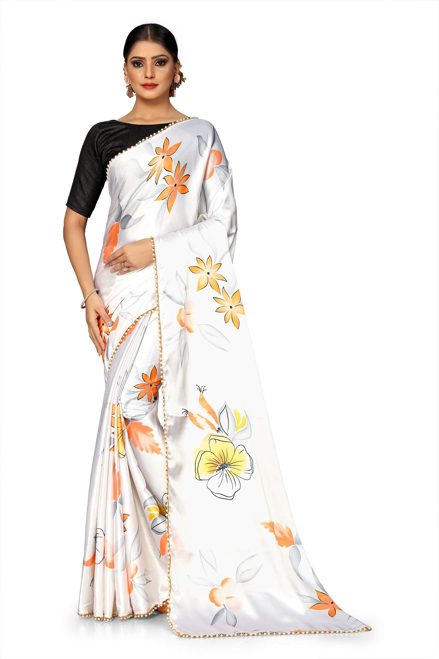 PartyWear Floral Prited Soft Satin Silk Saree With Unstitched Blouse