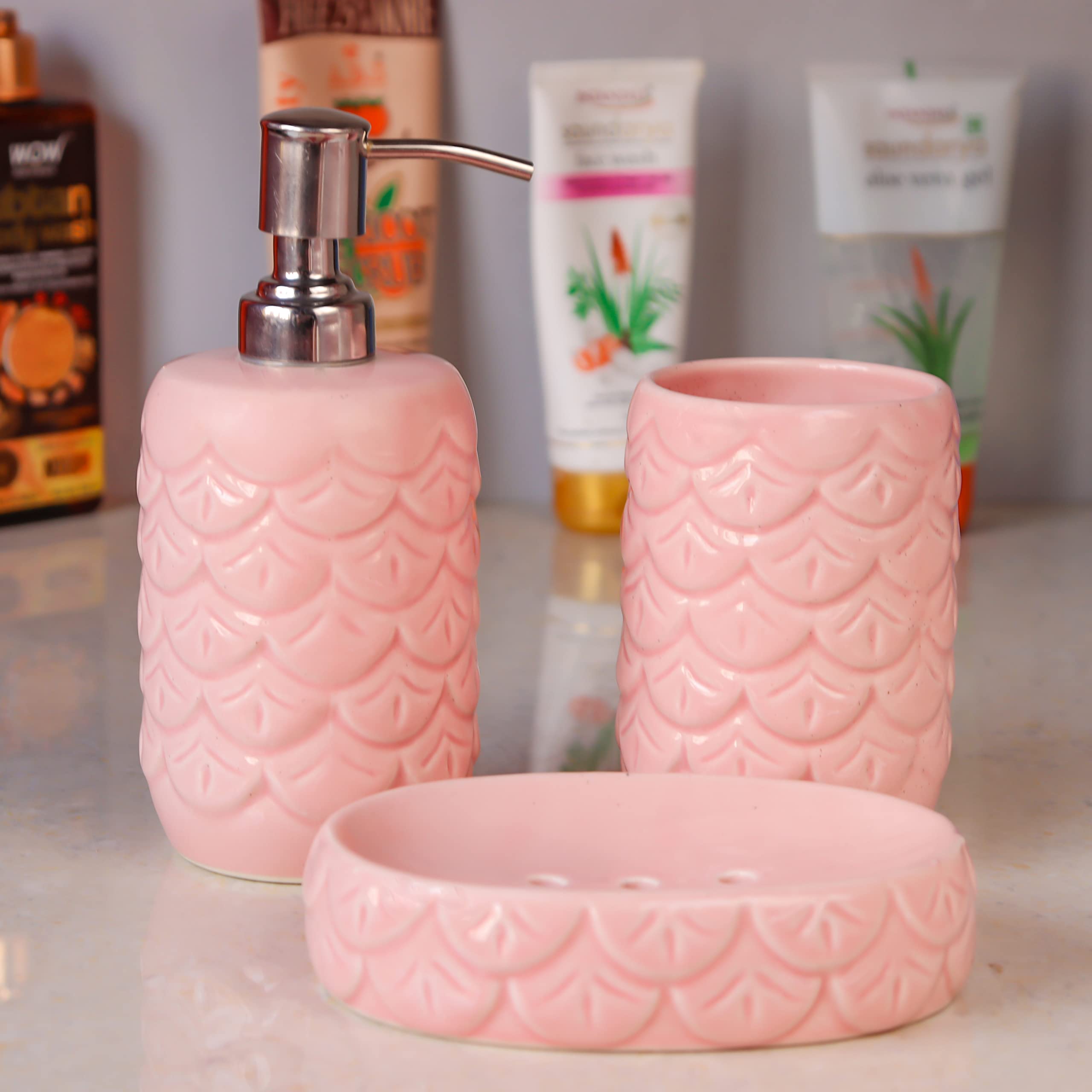 Kaolinite Ceramic Bathroom Accessories Set for Utility and Bathroom Decor | Liquid Soap Dispenser, soap Tray, Toothbrush Holder 3D Design (Pink) (B0B3RTST1X) Amazon Price History, Amazon Price Tracker