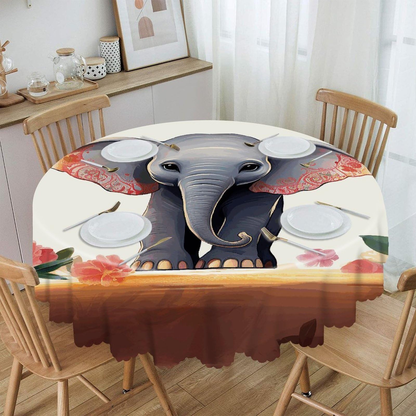 FekiLoot Lucky Elephant Round Tablecloth Waterproof Spill-Proof Wipeable Table Cloth Wrinkle Free Circle Dining Table Cover for Dining Kitchen Wedding Parties Machine Washable
