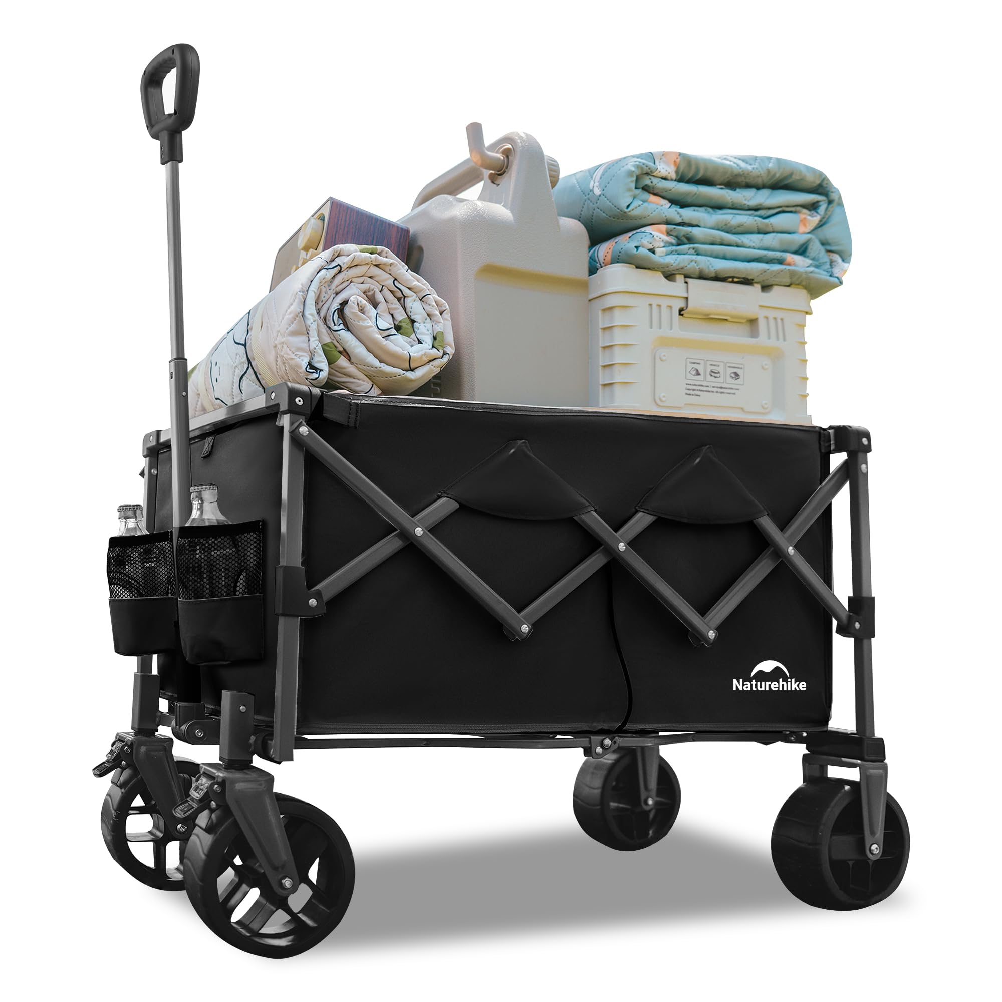 Naturehike Carrello da giardino pieghevole, carrello porta attrezzi da spiaggia adatto a tutti i terreni, con pneumatici larghi girevoli a 360 gradi, portata 120 kg, adatto per campeggio(Nero 100L)
