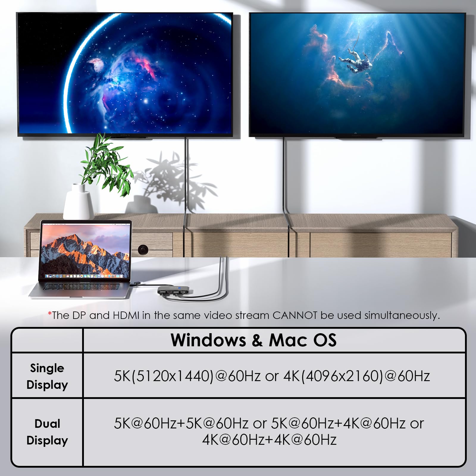 WAVLINK DisplayLink Adaptateur USB 3.0 ou USB C vers DisplayPort HDMI, Double hub de Moniteur 5K/4K @ 60 Hz 4 en 1 pour Windows et Mac, Compatible avec Le Nouveau MacBook Neo - Noir
