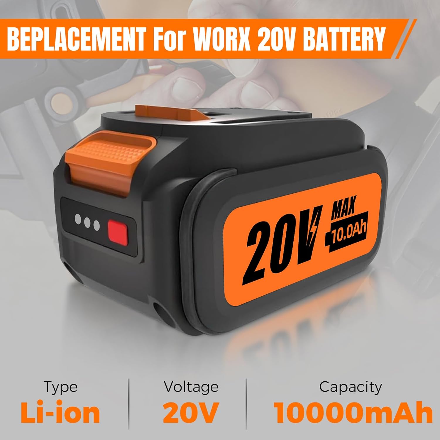 2-Pack 10.0Ah High Capacity 20V Max Lithium-Ion Battery Replacement for Worx WA3520 WA3525 WA3551 WA3572 Power Share Batteries, Compatible with Worx WG151 WG155 WG251 WG540 WG629 WG890 Power Tools